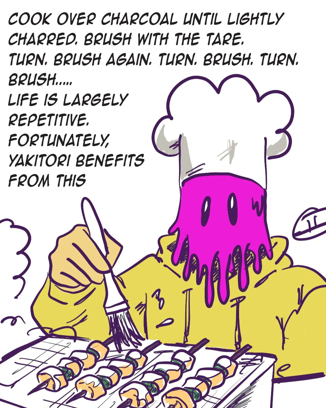 A cartoon character with a purple squid head wearing a chef's hat and yellow hoodie, holding a brush, standing in front of skewers on a grill. Text on the image discusses cooking and benefits of Yakitori.