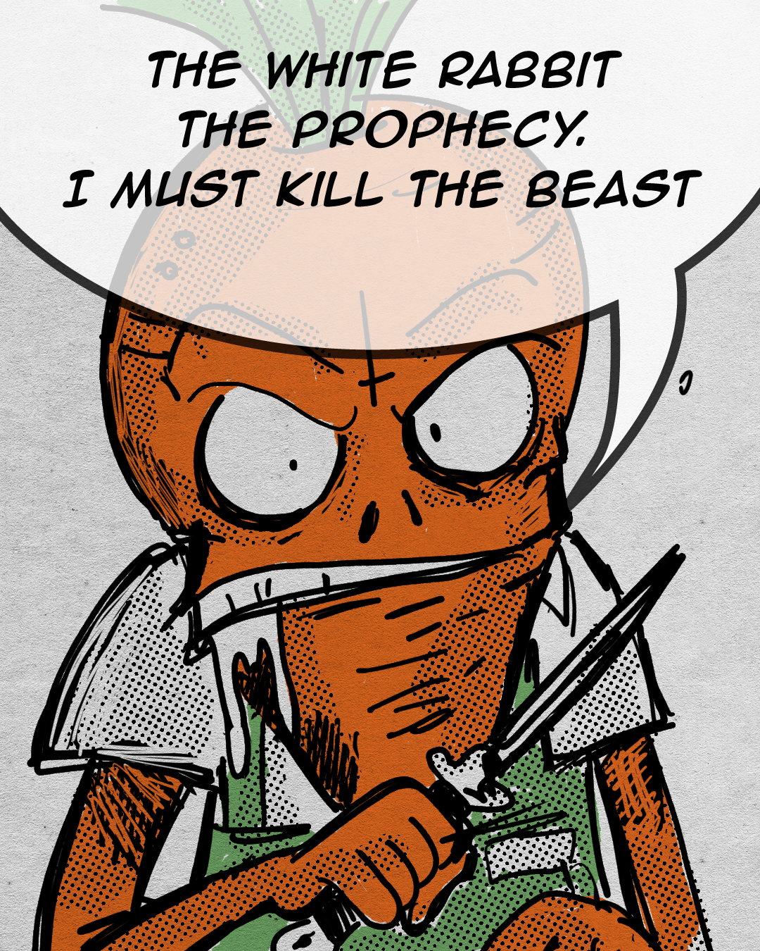 An animated cartoon character of a skull with angry eyes, holding a sword, wearing a green shirt and a gray vest, with a speech bubble saying 'The White Rabbit The Prophecy. I Must Kill The Beast'.