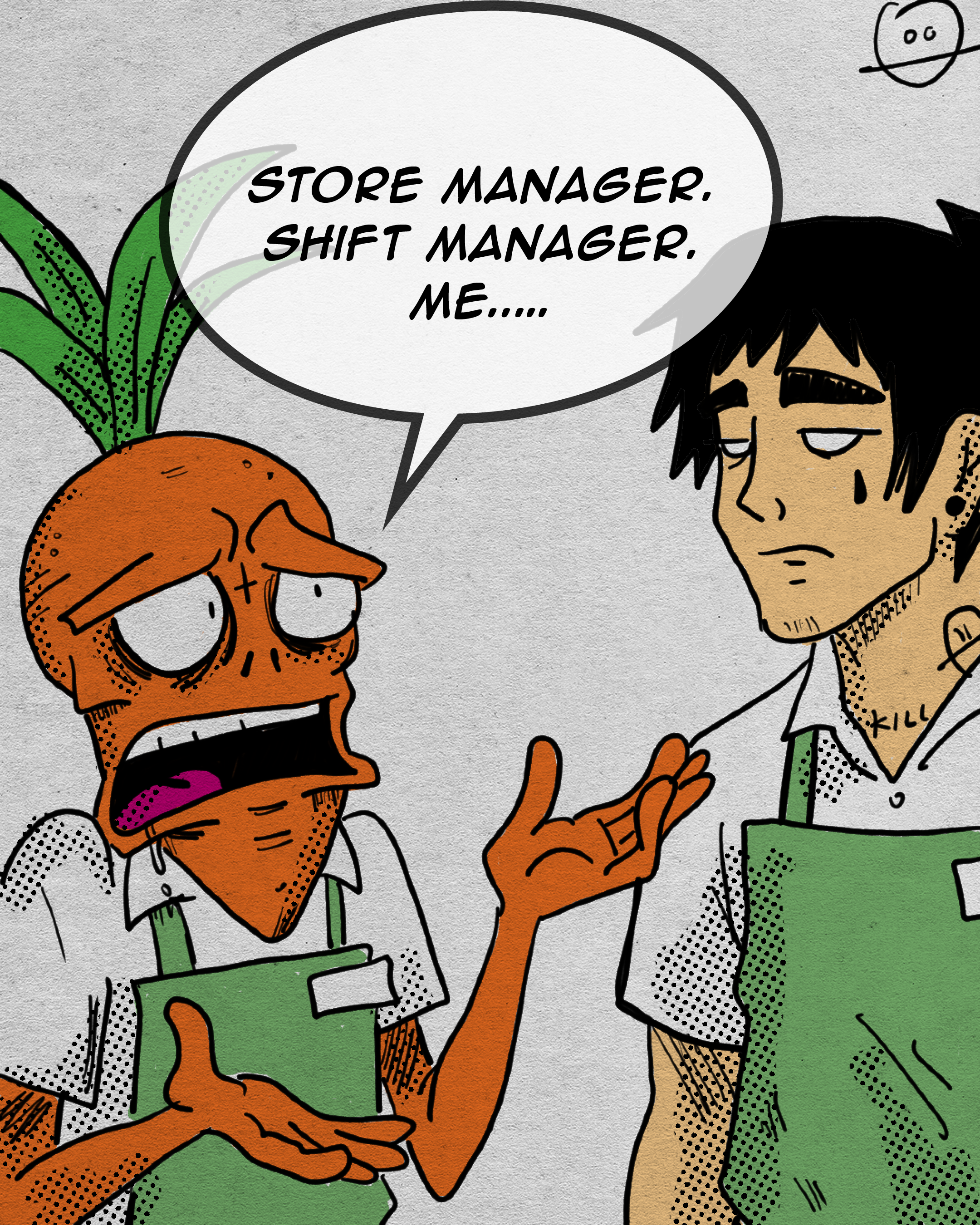 Cartoon illustration of an orange onion with a face and green leaves, talking to a businessman with dark hair, wearing a white shirt and green vest. The onion is saying, 'Store manager. Shift manager. Me.....' The background is a plain light gray.