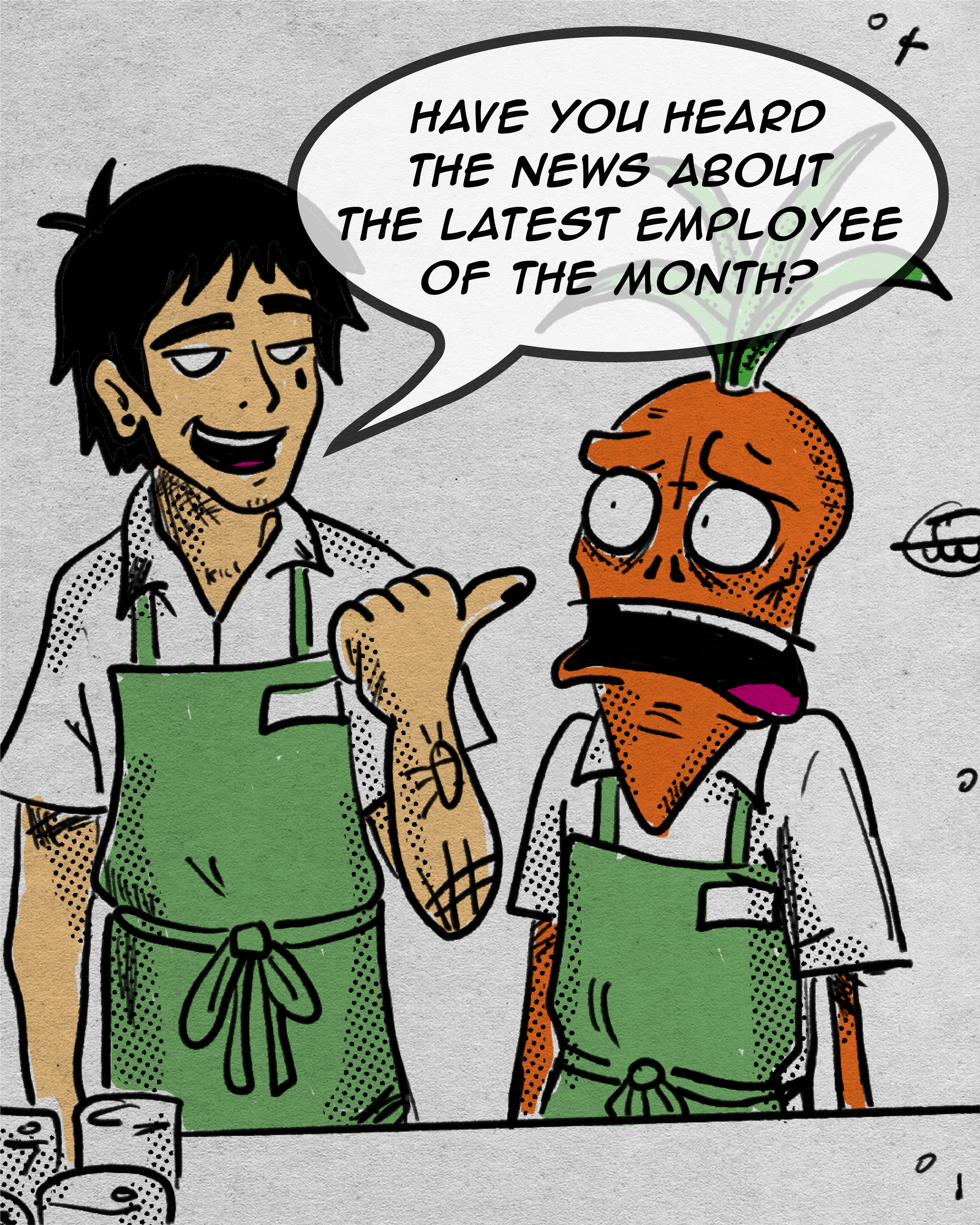 Illustration of two characters wearing green aprons, with one character speaking about the latest employee of the month, surrounded by various objects on a table.