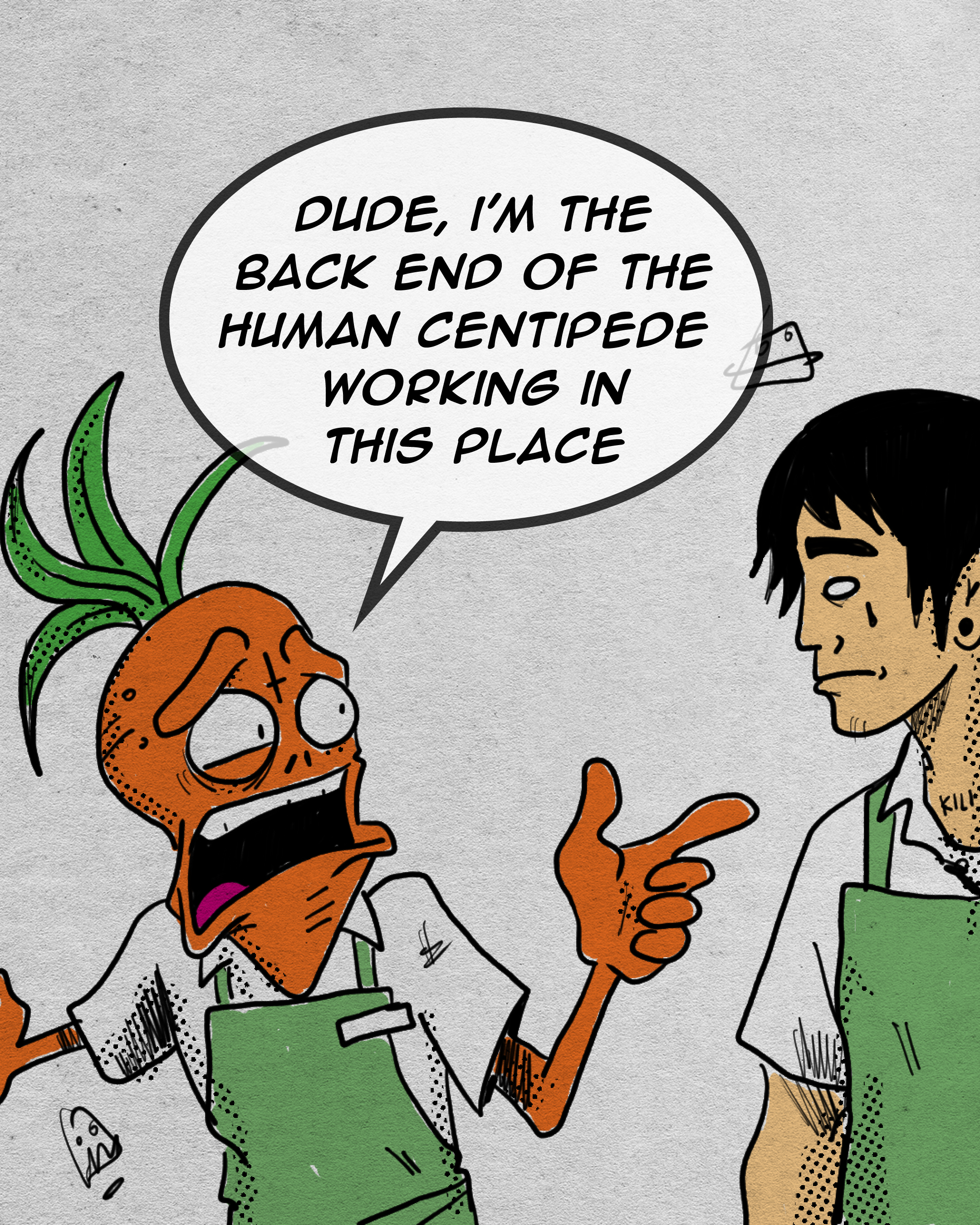 A cartoon image of a human character with black hair speaking to a person with an orange face resembling a pumpkin. The characters appear to be animated and are wearing green and white outfits. The speech bubble above the character with black hair contains text about a back end job.