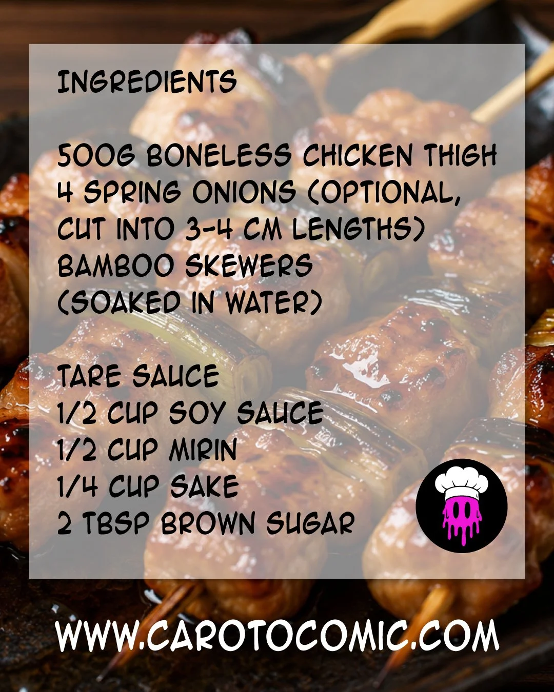Recipe for bamboo skewers with ingredients and sauce details, over a background of cooked skewers, including chicken and vegetables.