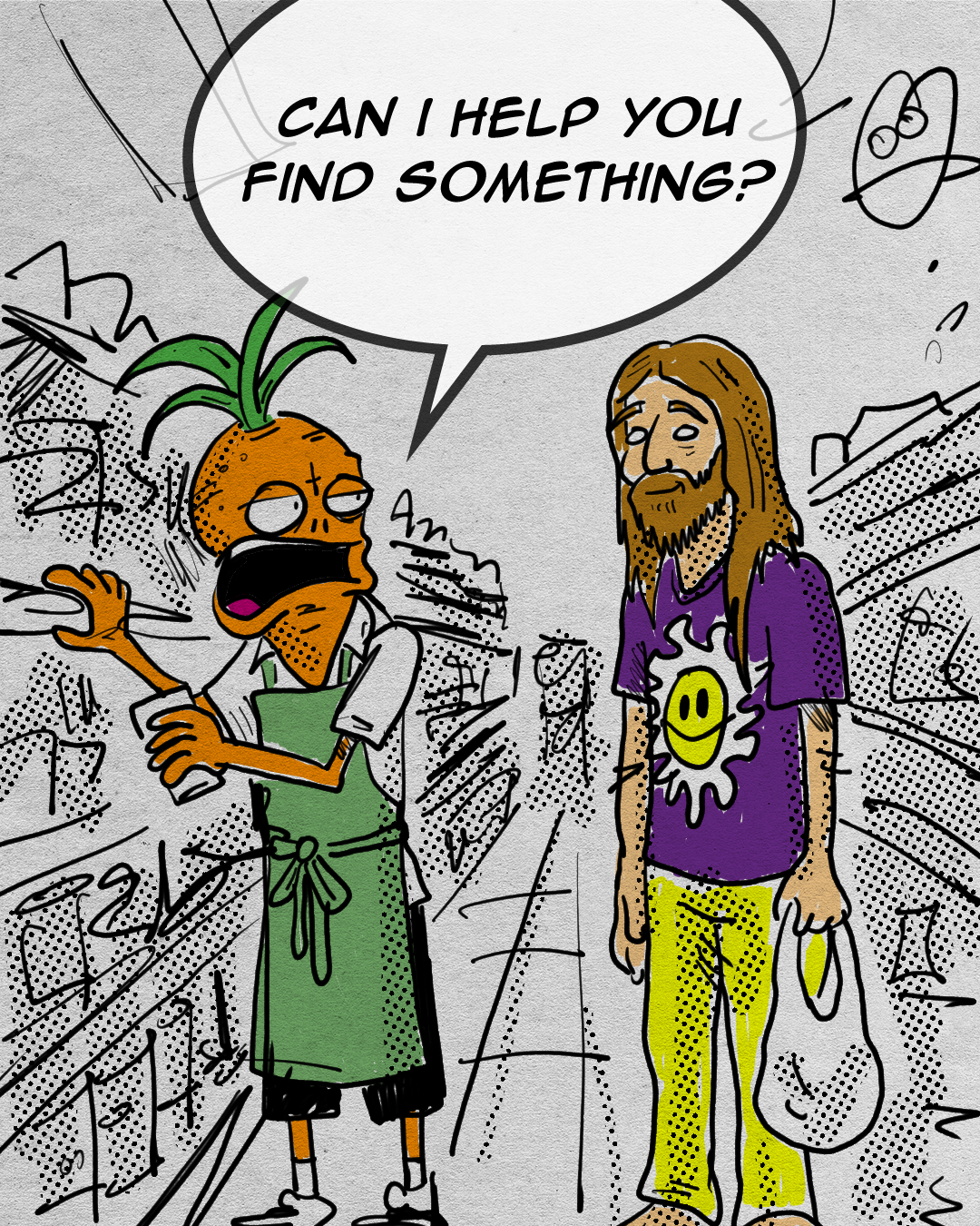 Cartoon drawing of a grocery store aisle with a person dressed as a pineapple asking a man in a purple t-shirt with a smiley face and yellow pants if they can help find something.