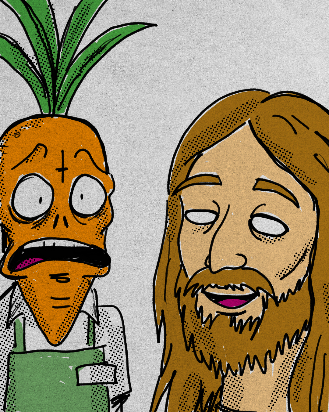 A cartoon depiction of Jesus with long hair and a beard smiling, standing next to a surprised carrot character with green leaves on top, wide eyes, and an open mouth.