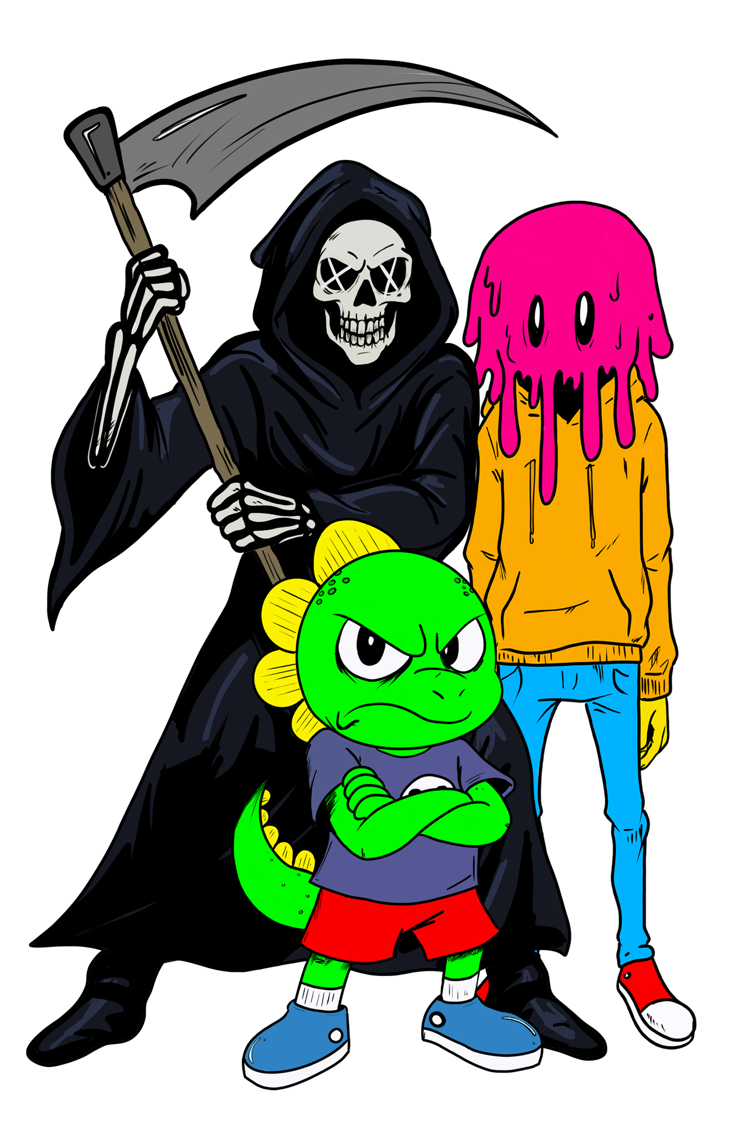 A cartoon illustration of a grim reaper holding a scythe, a girl with a pink dripping slime head, and a green angry fishboy with arms crossed.