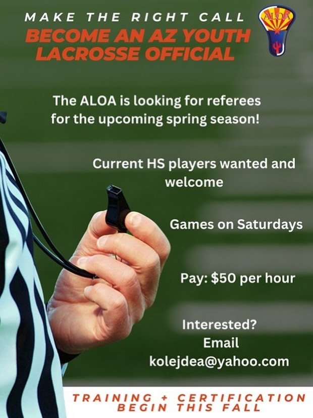 Becoming a lacrosse official is great way to: 

-Give back to the game of lacrosse
-Stay active / get exercise on a lacrosse field
-Stay involved with the sport of lacrosse
-Learn the details within the rules of the sport
-Improve your lacrosse IQ
-H