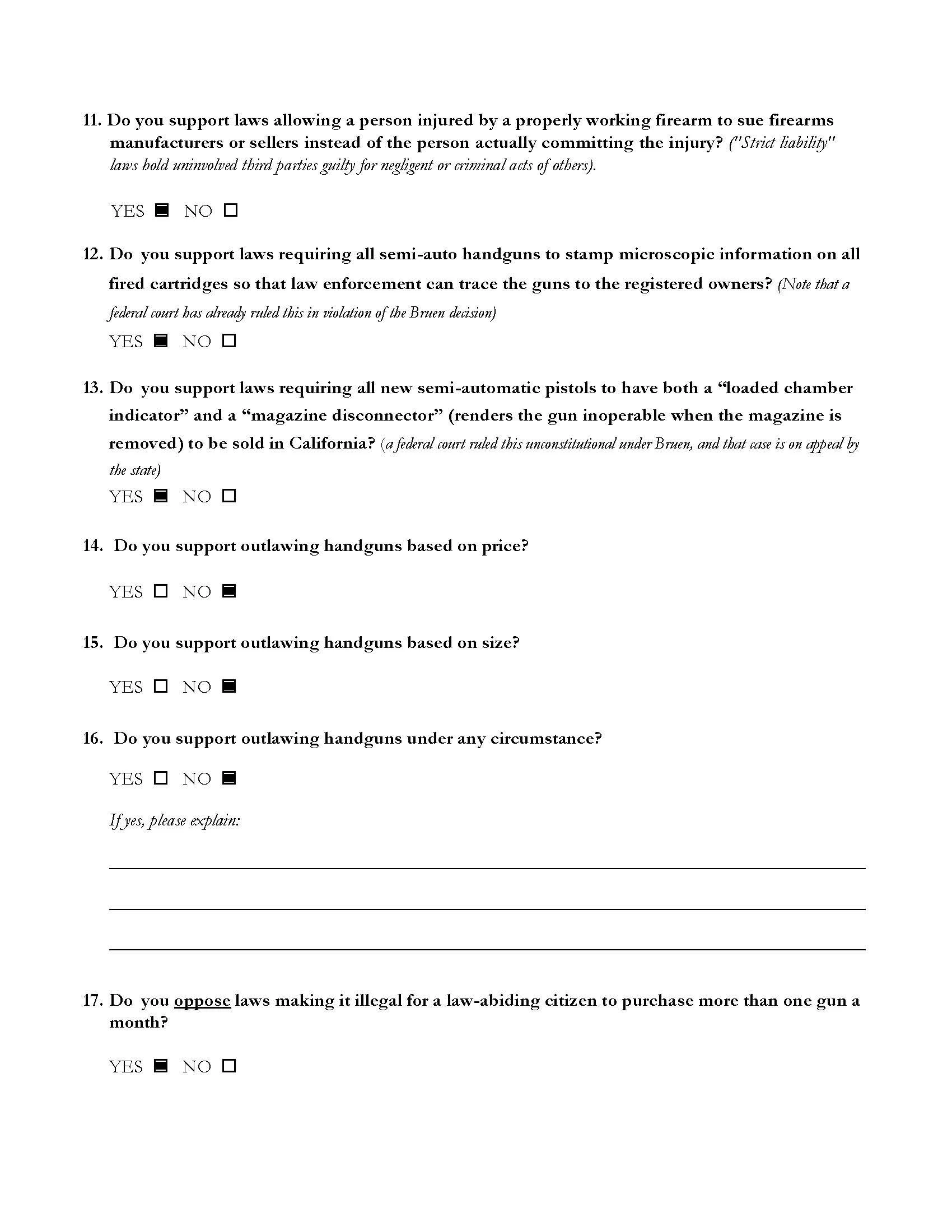 A printed survey with multiple questions about gun laws, with options to select Yes or No.