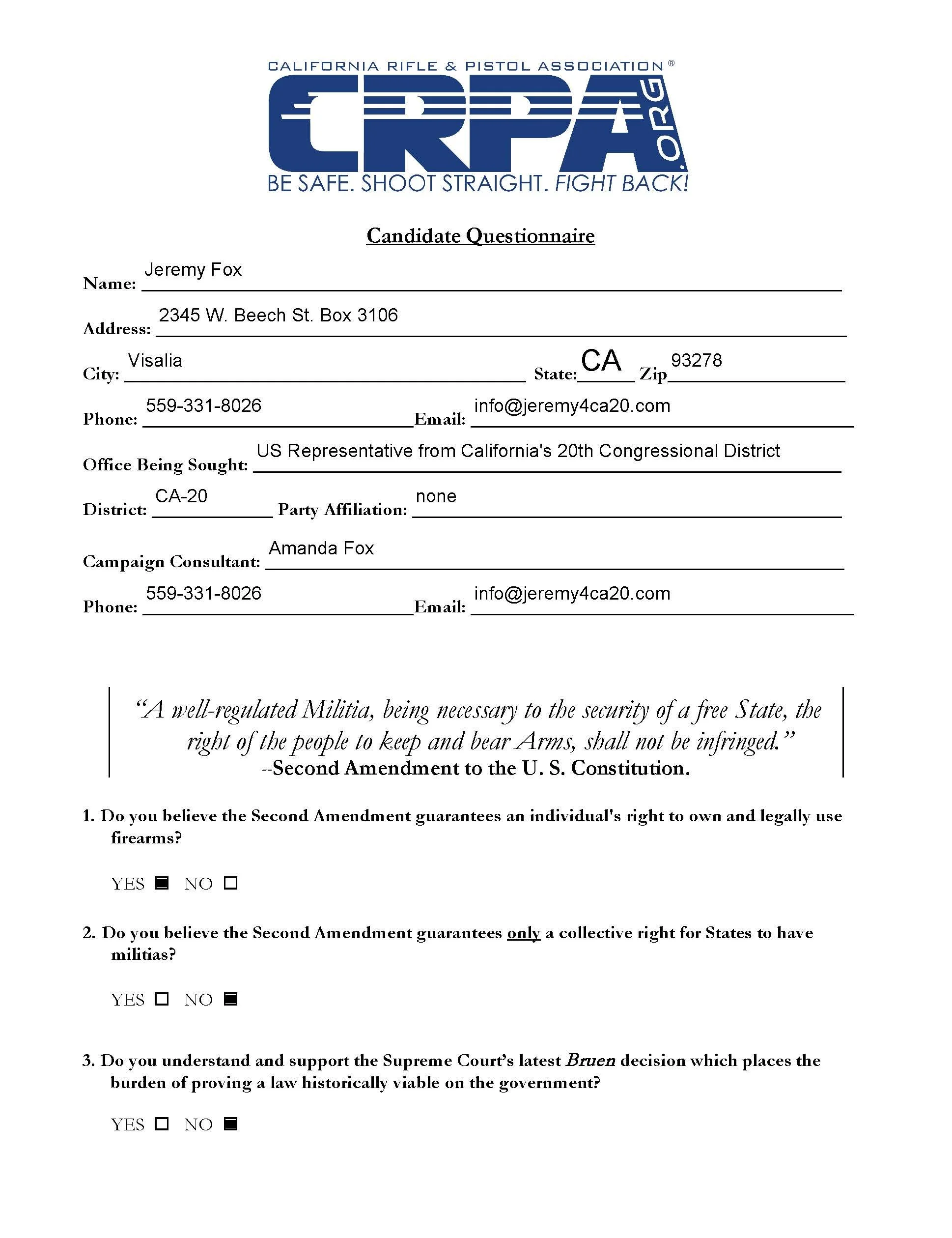 A questionnaire form from the California Rifle & Pistol Association with their logo at the top, featuring a blue and white design and the words "Be safe. Shoot straight. Fight back!" Below the logo, there are questions about the Second Amendment and a quote from the U.S. Constitution.