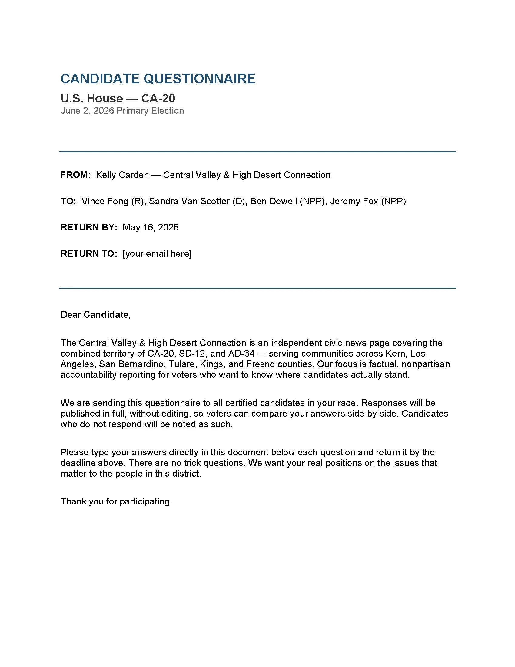 Sample of a candidate questionnaire form for U.S. House CA-20 primary election, dated June 2, 2026, including sender and recipient details, and instructions for answering questions.