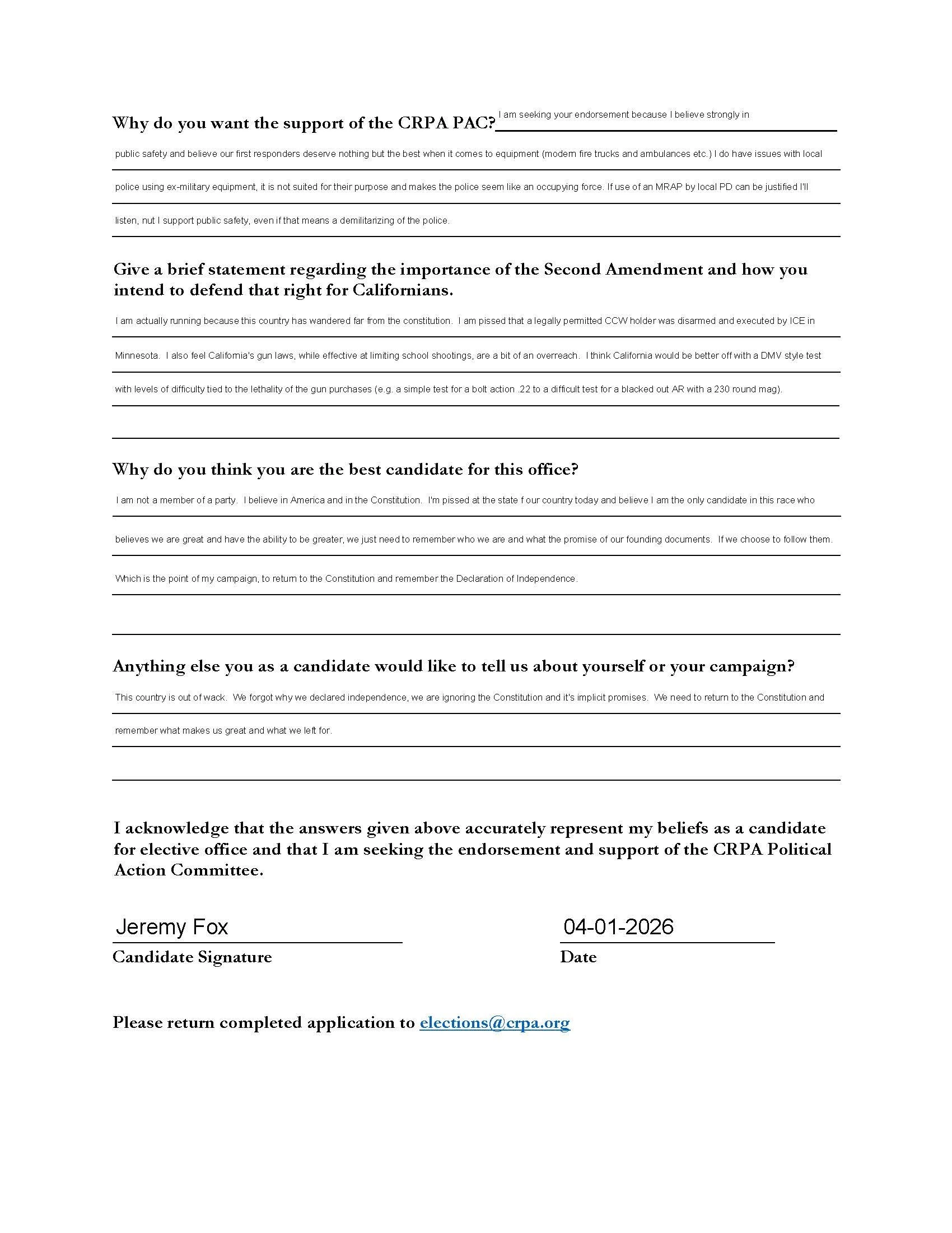 A completed political candidate endorsement form for Jeremy Fox, dated April 1, 2026, including signature, date, and contact email for election submission.