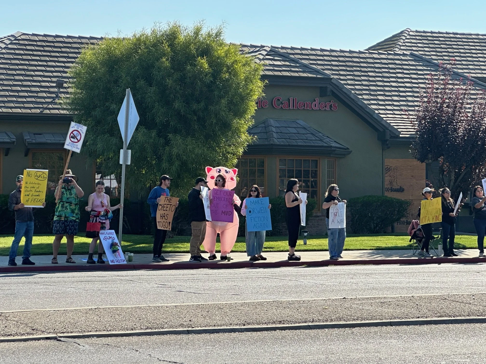 People participating in a protest or demonstration on a sidewalk in front of a building with a sign that reads "The Callender's." They are holding signs with messages, and one person is dressed in a pink pig costume with a sign that says "Get our dem