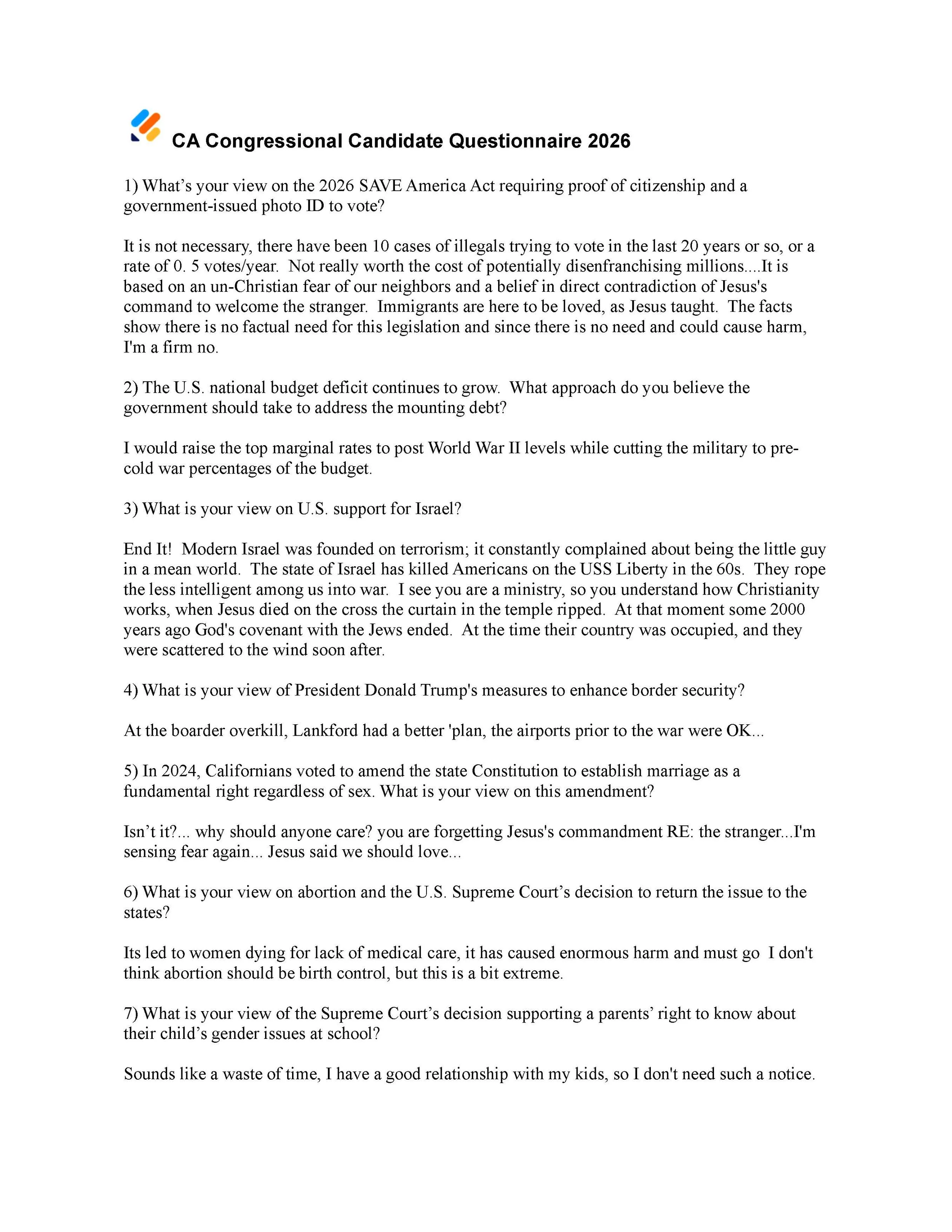 Image of a document titled 'CA Congressional Candidate Questionnaire 2026' with multiple questions and responses about political topics.