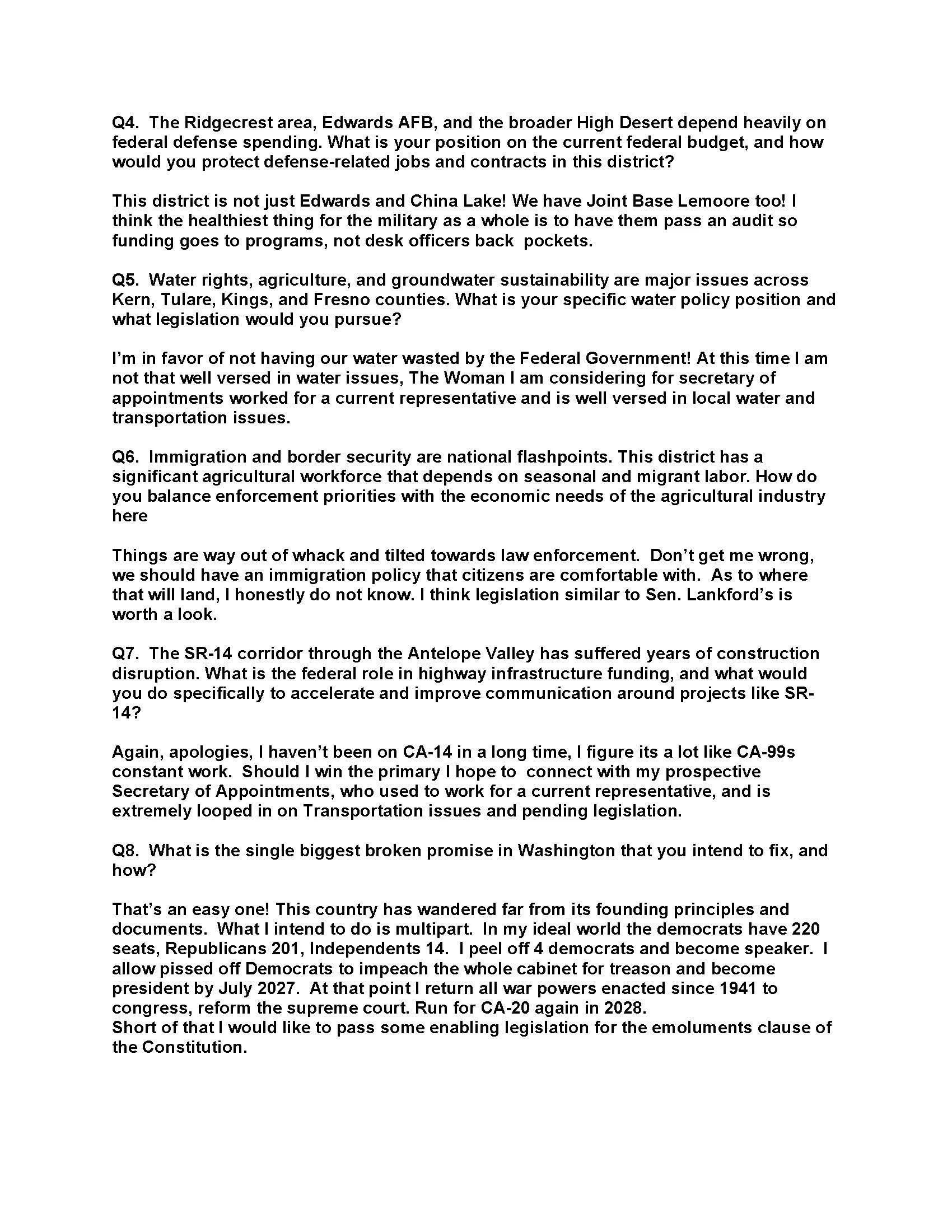 A screenshot of text from a document containing multiple questions and answers, discussing various political and governmental topics.