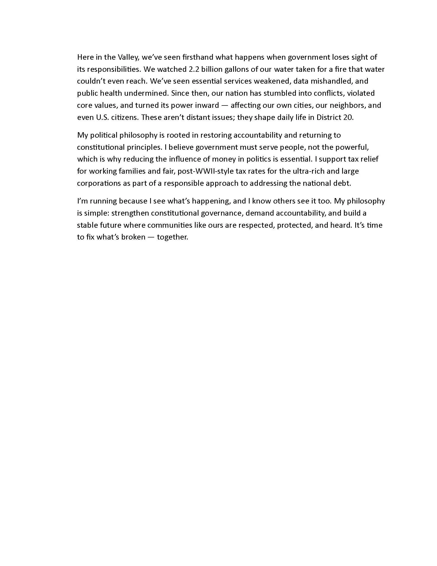 A block of text discussing water management, government accountability, and political philosophy.