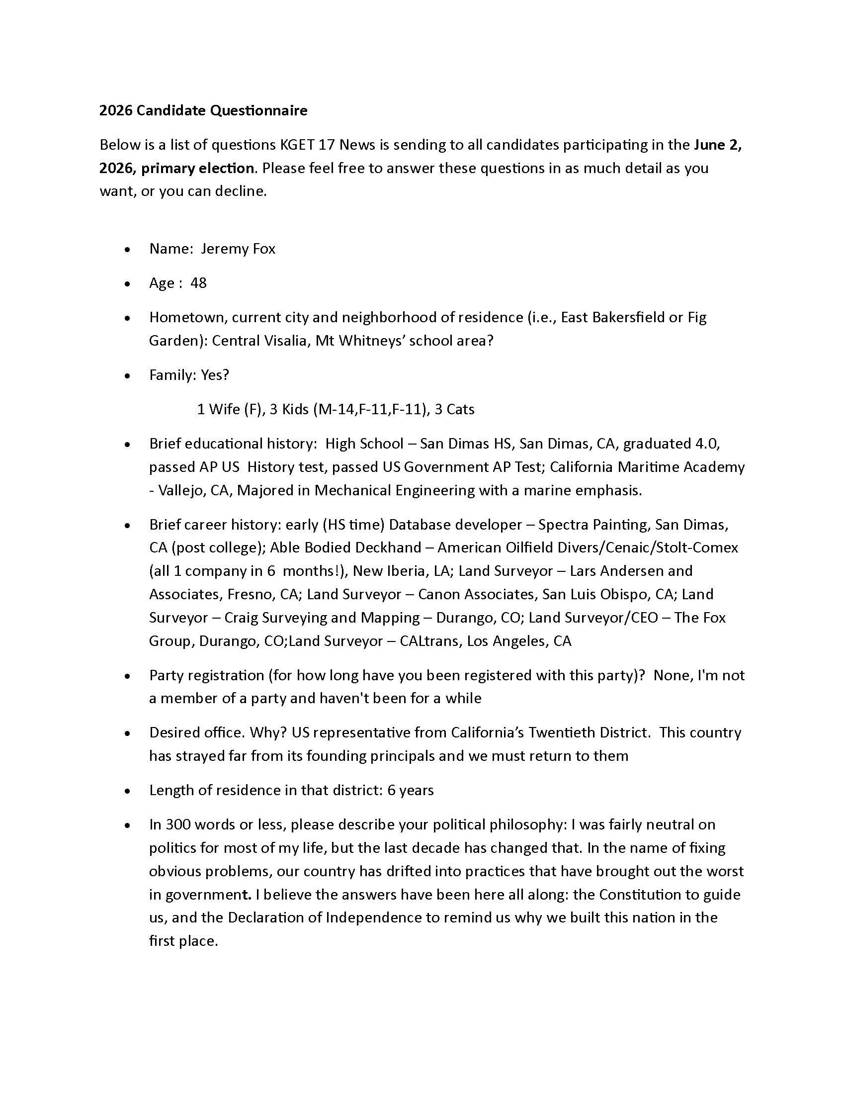 A scanned document titled '2026 Candidate Questionnaire' containing questions and responses about a political candidate named Jeremy Fox, including personal information, educational background, career history, and political views.