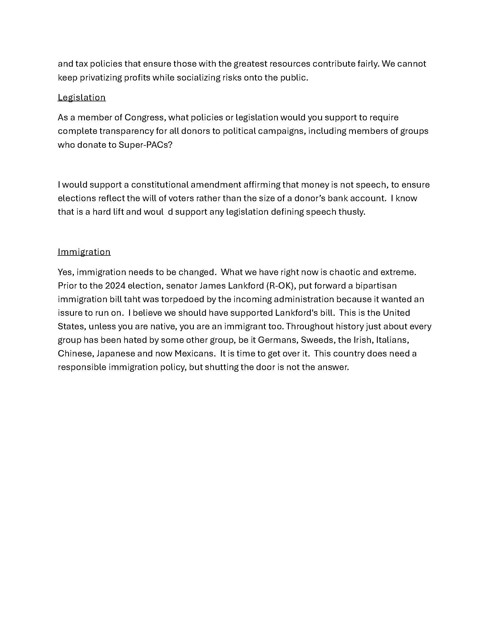 A screenshot of a document with questions about policies and legislation, discussing topics like transparency in political donations, constitutional amendments, and immigration policy.