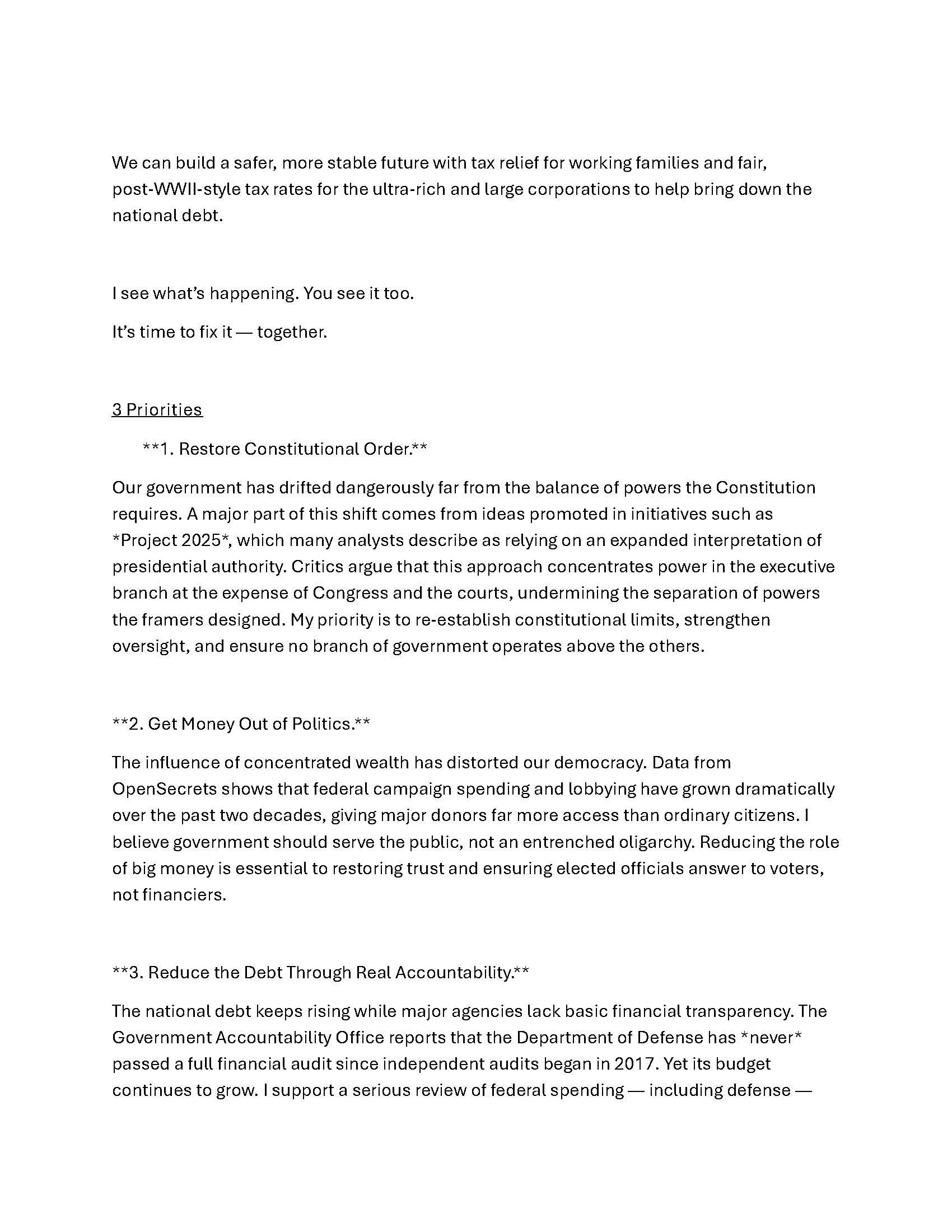 A page of text discussing political and economic issues, including building a safer future with tax relief, fixing government priorities, addressing money in politics, reducing debt through accountability, and the importance of government transparency and reform.