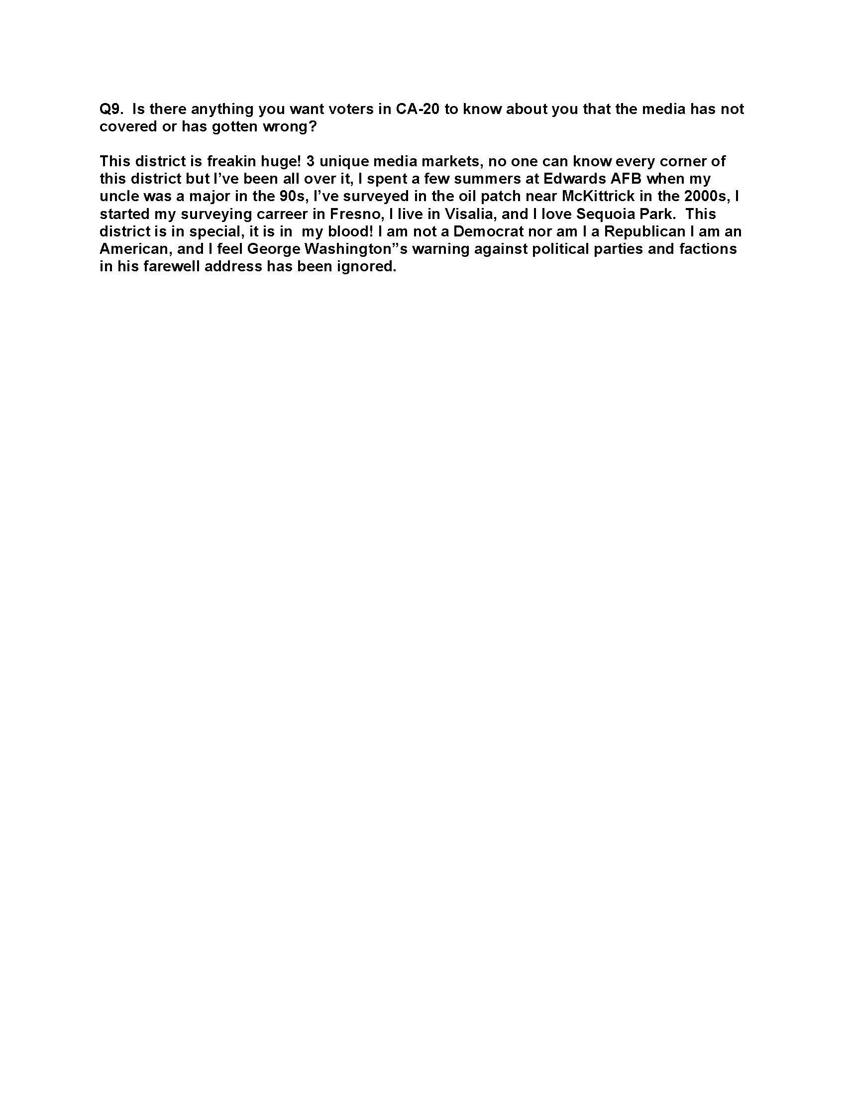 A document with a question about media coverage in California's 20th district, discussing the media landscape, personal experiences, and political opinions.