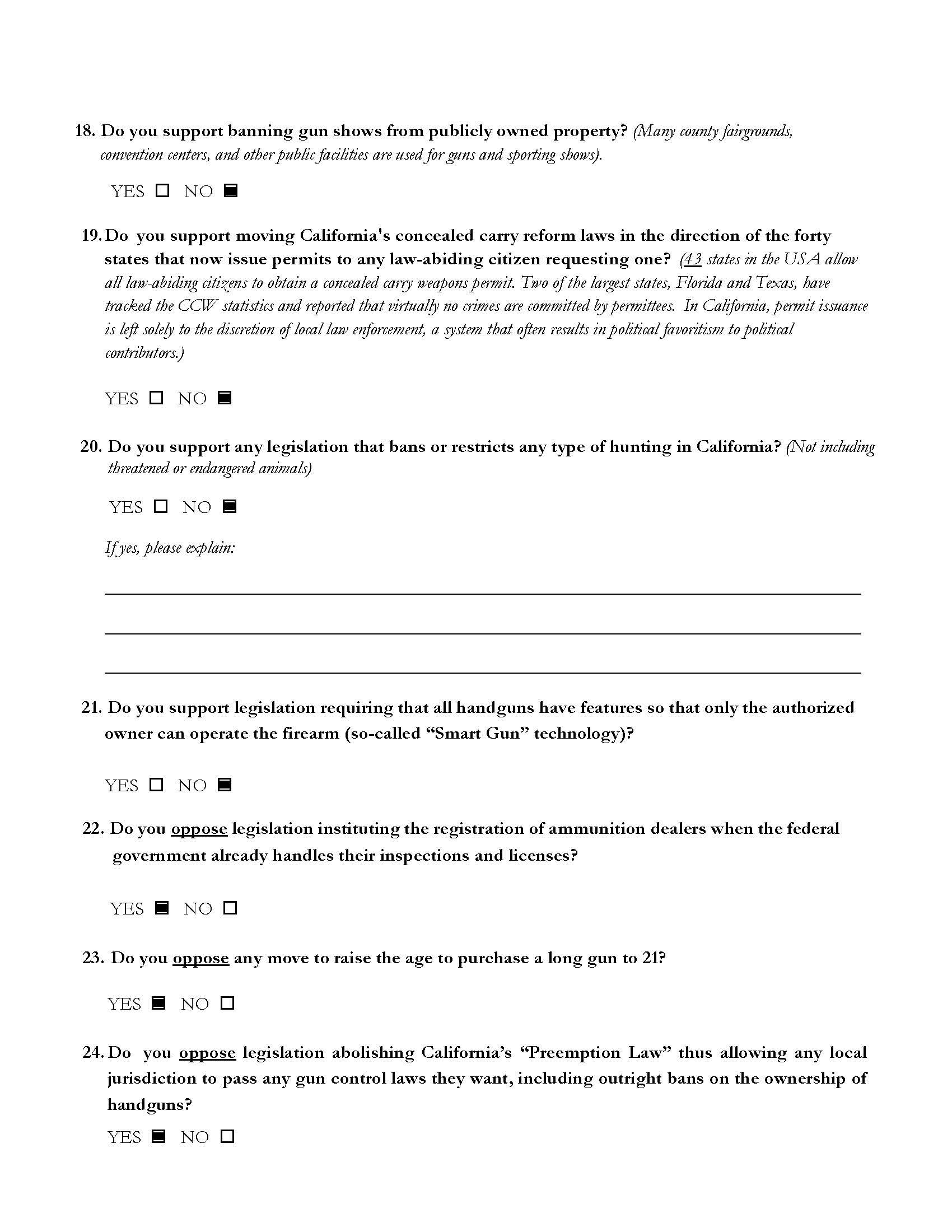 A survey form with questions about gun laws in California, including questions about banning gun shows, concealed carry laws, legislation on hunting, and firearm registration, with options to answer yes, no, or explain.
