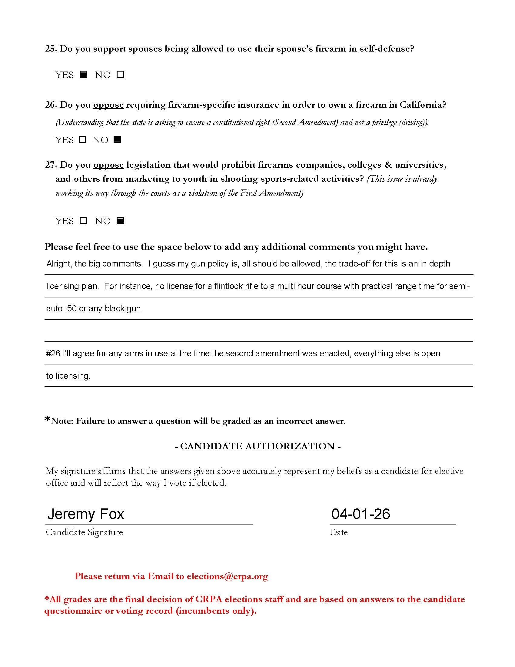 A printed voting or election form with questions about supporting gun rights and licensing, signature and date lines, and instructions for submission via email, with the name 'Jeremy Fox' and date '04-01-26' at the bottom.