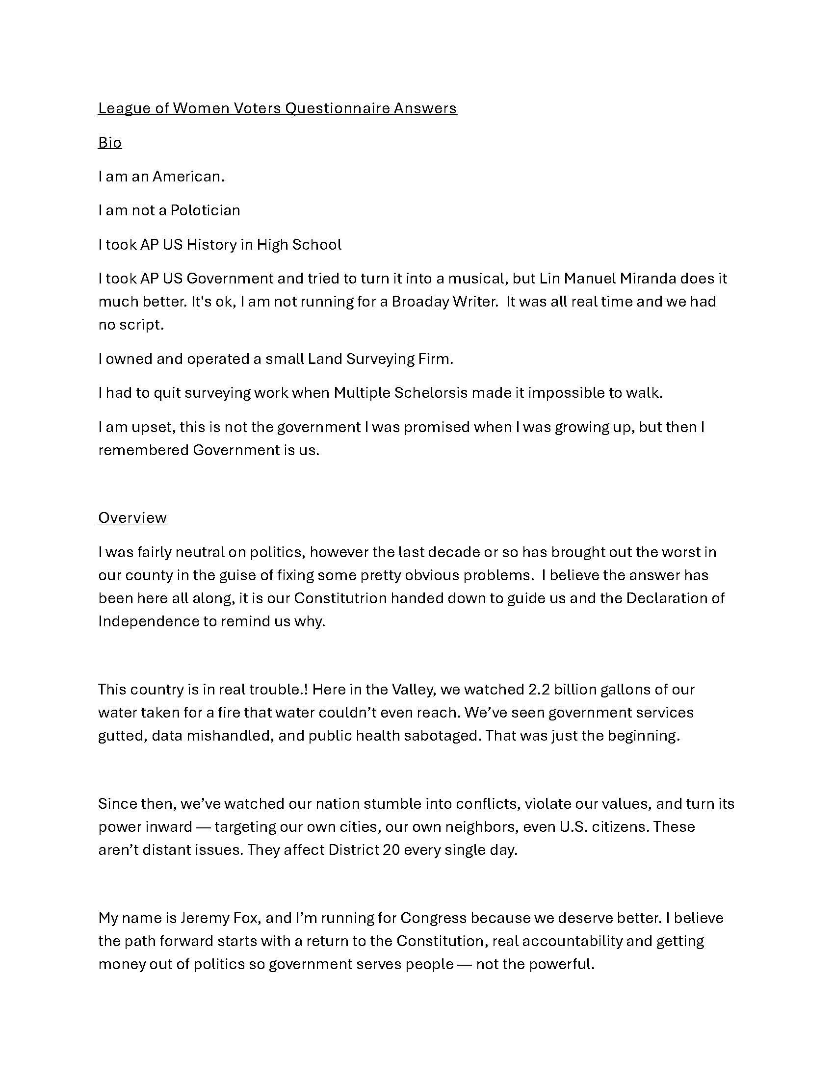A typed document containing answers to a questionnaire for the League of Women Voters, including personal background, political views, and reasons for running for Congress.