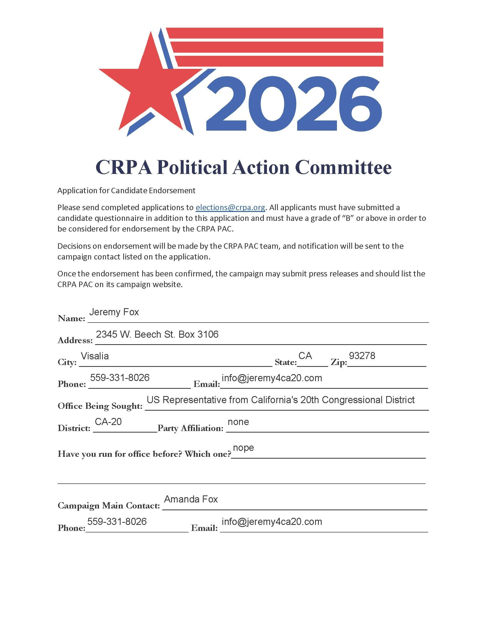 A political campaign endorsement form for the 2026 CRPA Political Action Committee, with an American flag-themed logo featuring a red, white, and blue star and stripes. The form includes sections for personal information and campaign details.