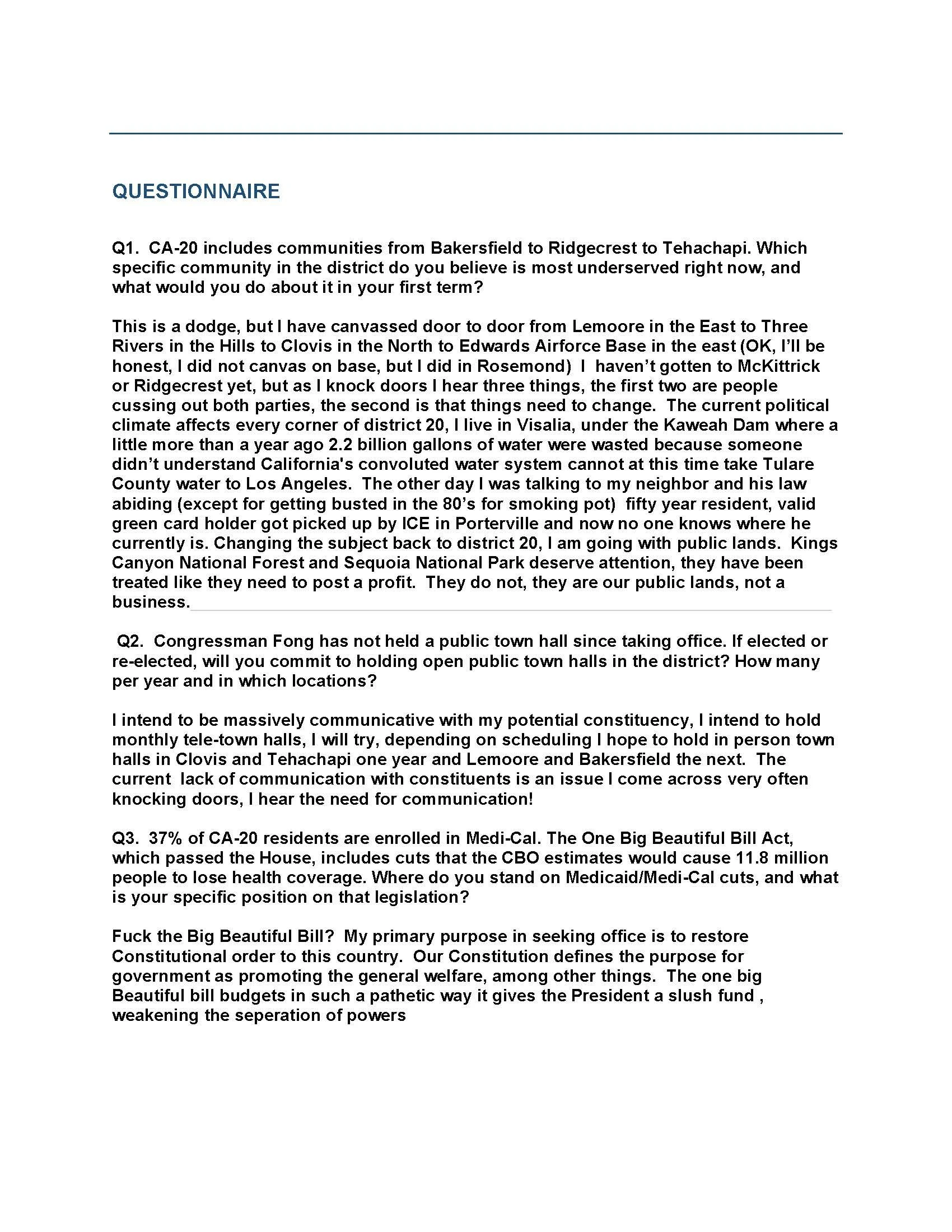 A page from a questionnaire or survey document discussing communities, political issues, and legislation in California. The text includes questions about underserved communities, political engagement, healthcare coverage, and opinions on a proposed bill.