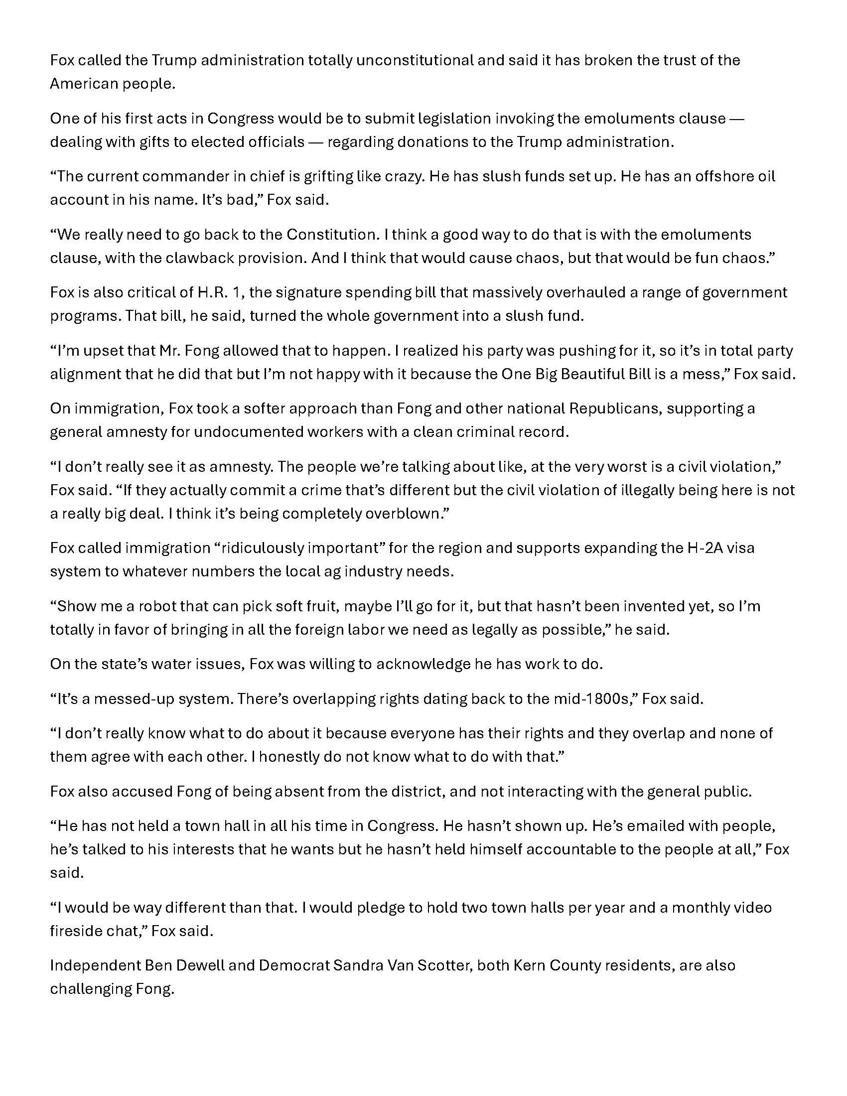 Text discussing Jeremy Fox political opinions, legislation, and government officials, mentioning Fox, Trump administration, and various bills and representatives.