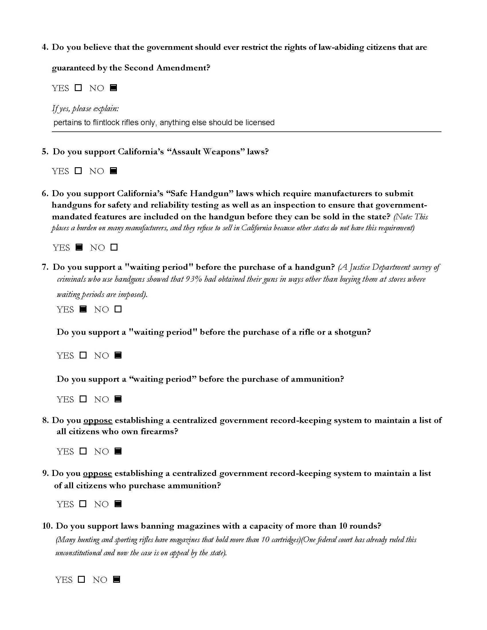 A portion of a printed survey or questionnaire featuring questions about gun laws and policies, with options to select Yes, No, or No Answer.