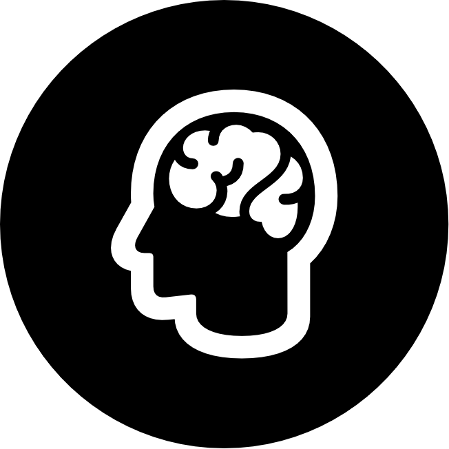 Stylized illustration of a human head with a brain inside, on a black background.