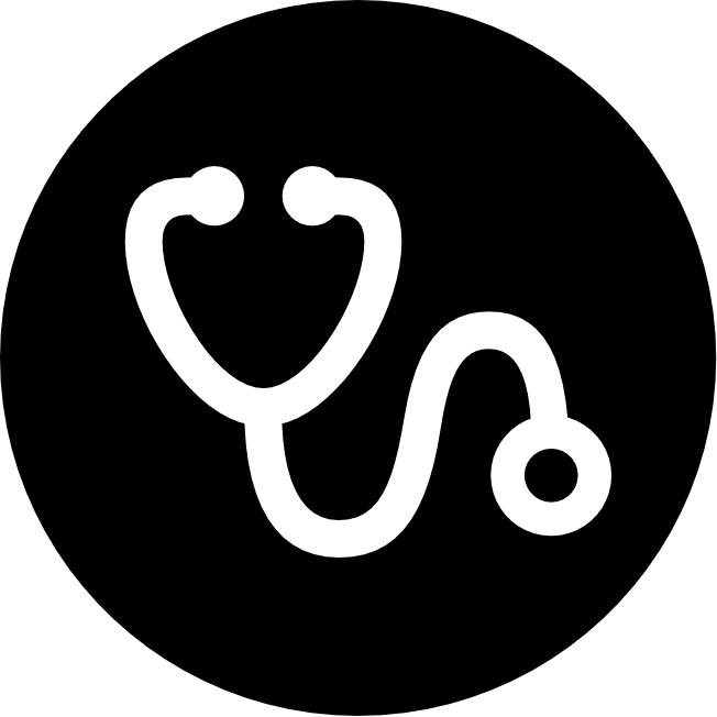White stethoscope icon on a black background.