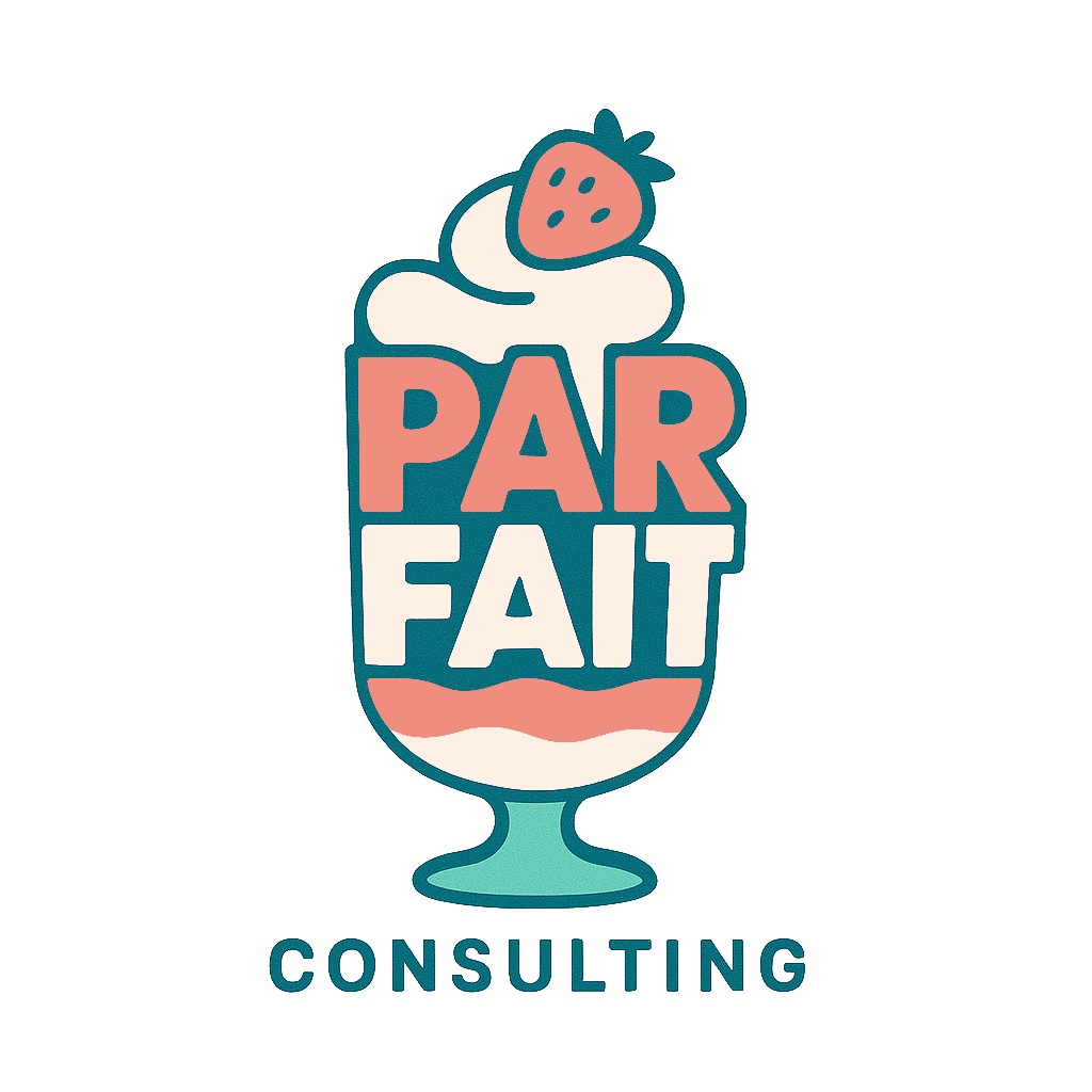 Logo for Parfait Consulting featuring a stylized parfait dessert with a strawberry on top and the words 'PARFAIT' inside the glass, with 'CONSULTING' written below.