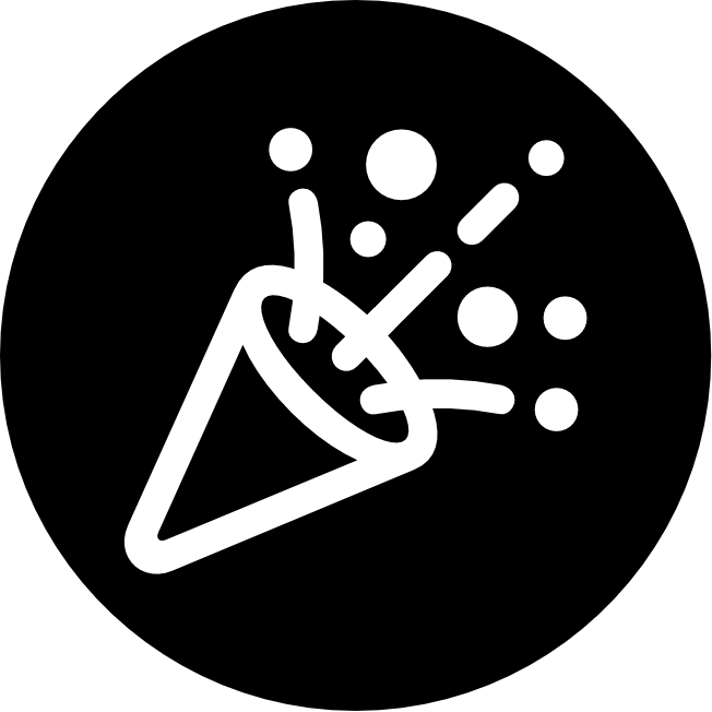 Black background with a white line drawing of a party popper releasing confetti.
