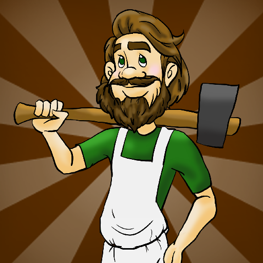 A cartoon man with a beard, green eyes, and brown hair, wearing a green shirt and white apron, holding a hatchet over his shoulder with a confident expression.
