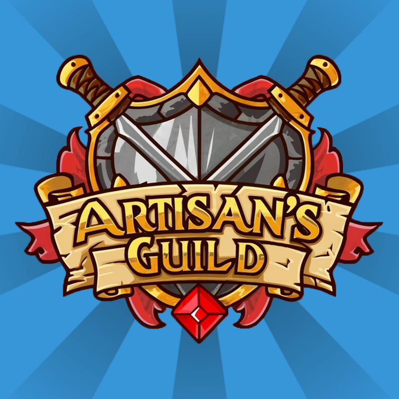 A colorful shields with two swords crossed behind it, a banner with the text "Artisan's Guild," and a red gemstone at the bottom, set against a blue background with rays.