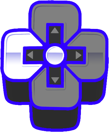 A cross-shaped remote control with four directional buttons in black and gray, set against a blue background.