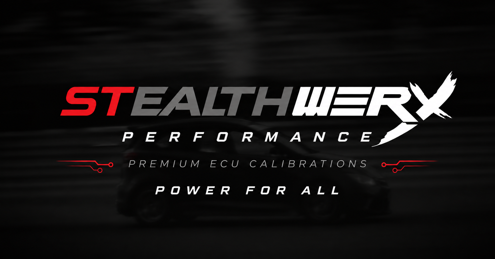 A dark background featuring the StealthwareX Performance logo with red and white text, circuit-like graphics, and a silhouette of a car.