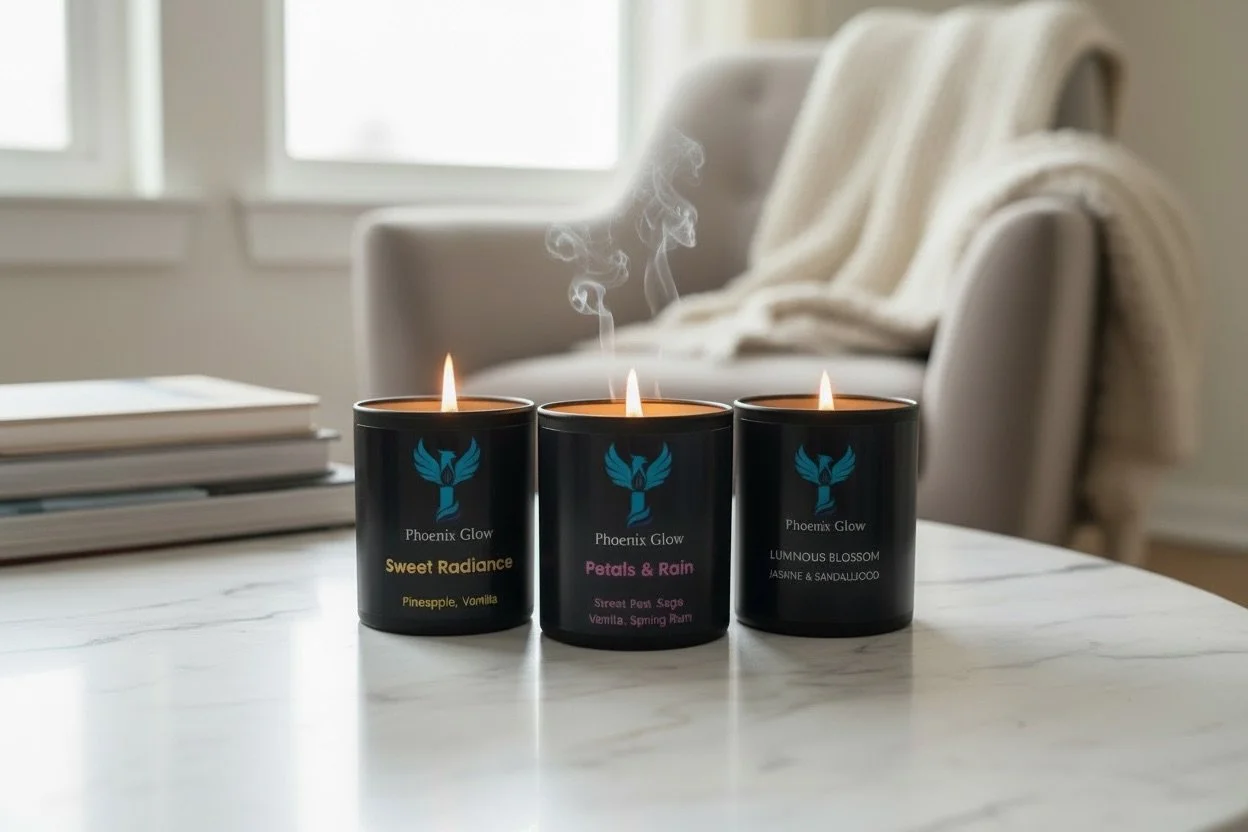 Phoenix Glow luxury candles styled on white marble in a cozy living‑room setting, with two candles lit and one softly smoking, surrounded by books and warm textures to create an intentional emotional‑wellness atmosphere.