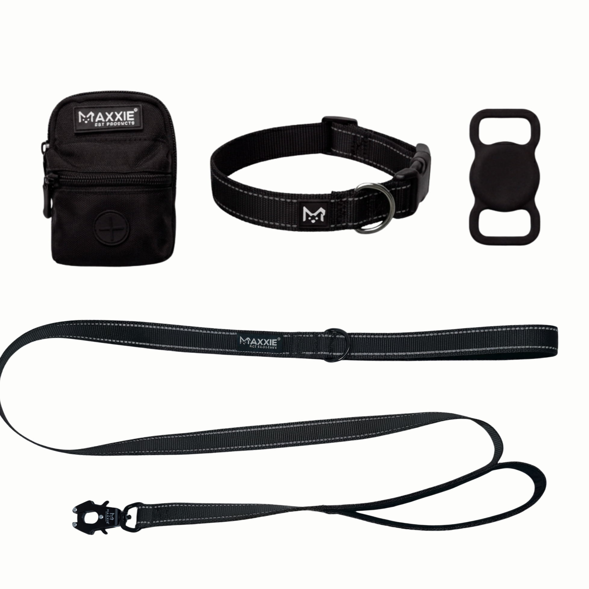 Dog training leash set including a small black pouch, a black collar with a metal D-ring, a black no-pull harness, a black leash with a quick-release clasp, and a second longer black leash.