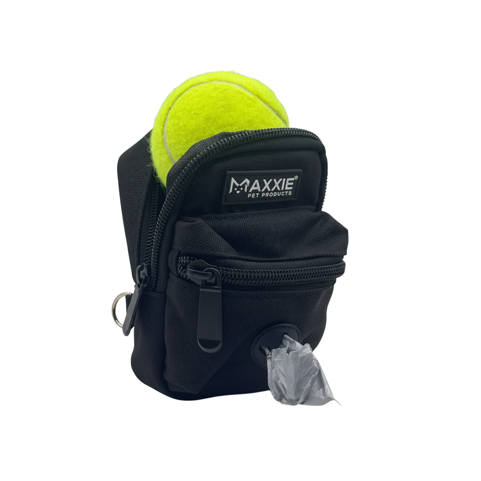 Small black pet toy and accessory bag with a tennis ball and plastic bag inside, labeled Maxxie Pet Products.
