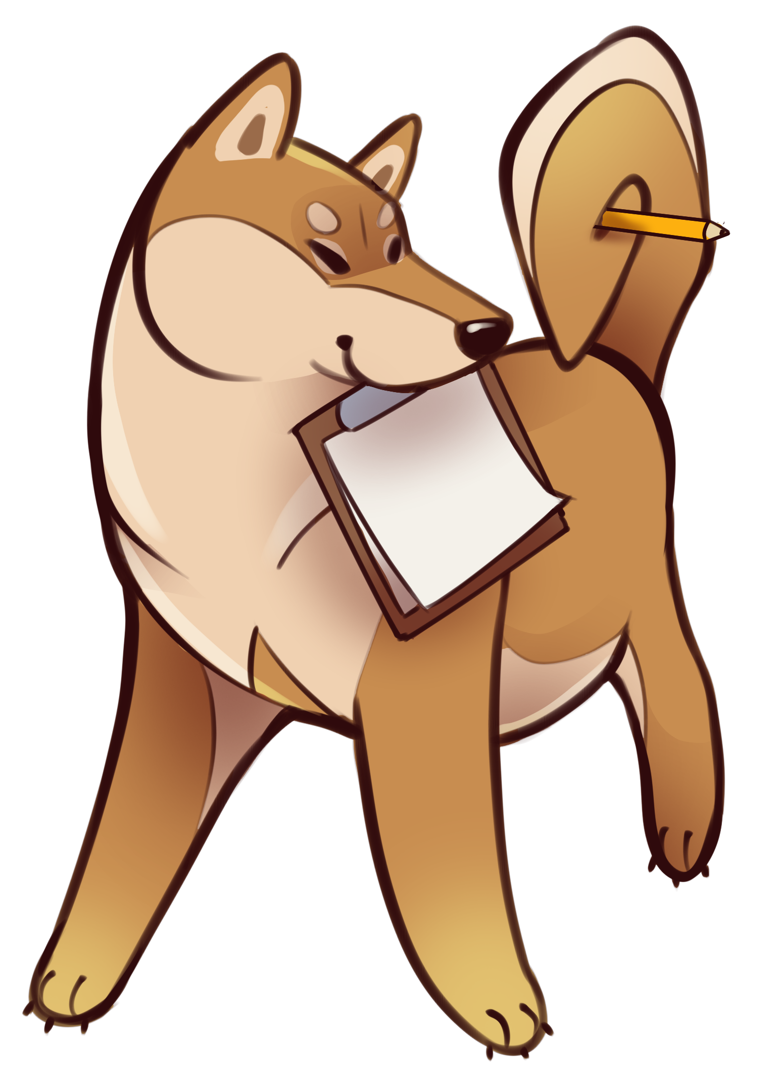 A Shiba Inu holding a pencil in its tail, and a clipboard in its mouth