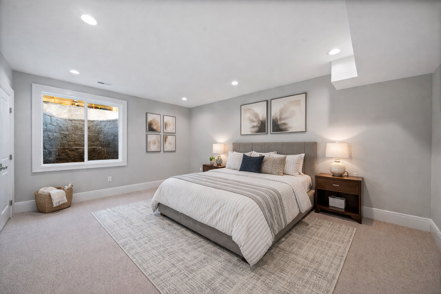 Basement finish with a modern bedroom featuring custom lighting, cozy finishes, and stylish design in Tooele Utah