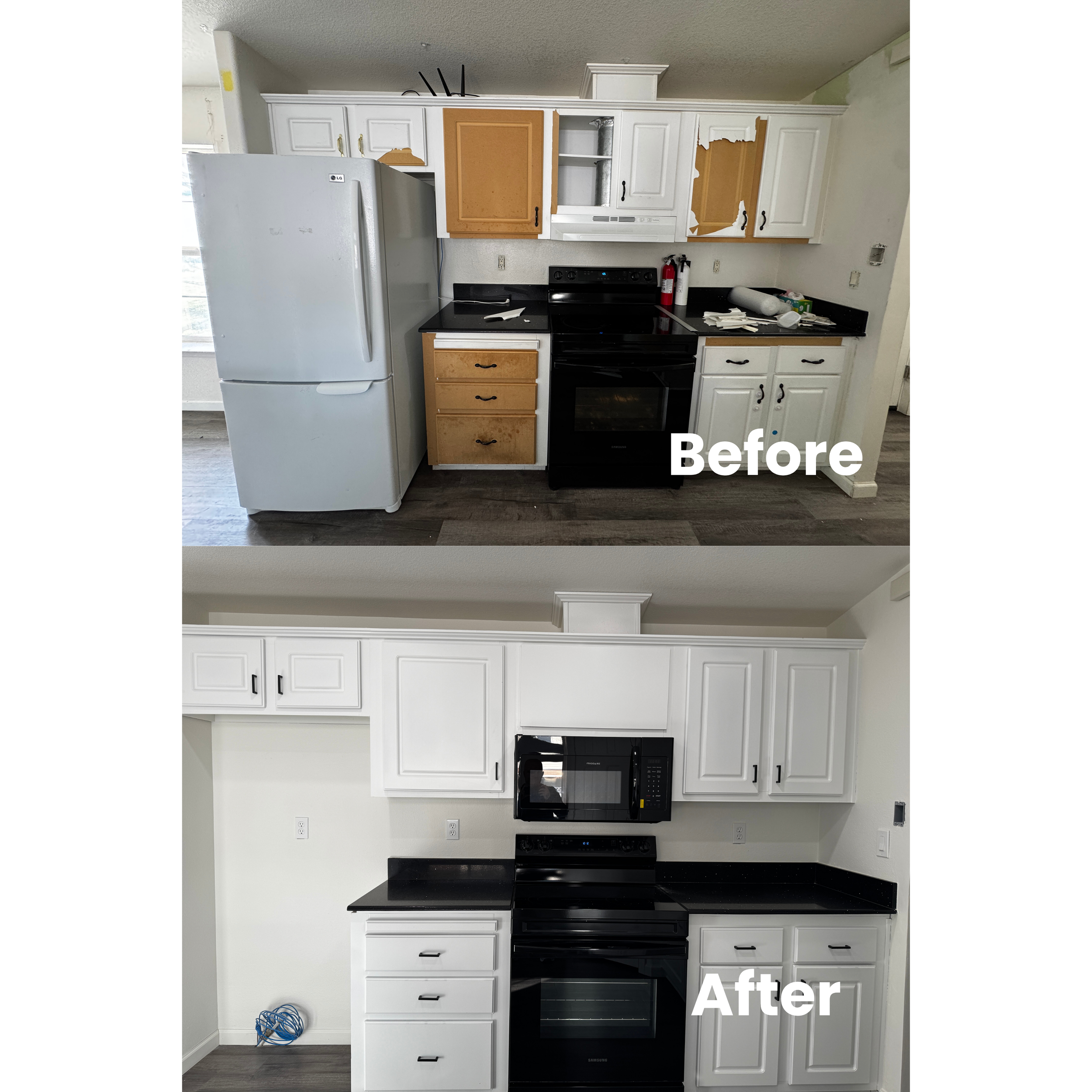 Kitchen remodel showing white cabinets, black countertops, and black appliances in the after photo, with a renovated backsplash, cleaner appearance, and organized space compared to the before photo.