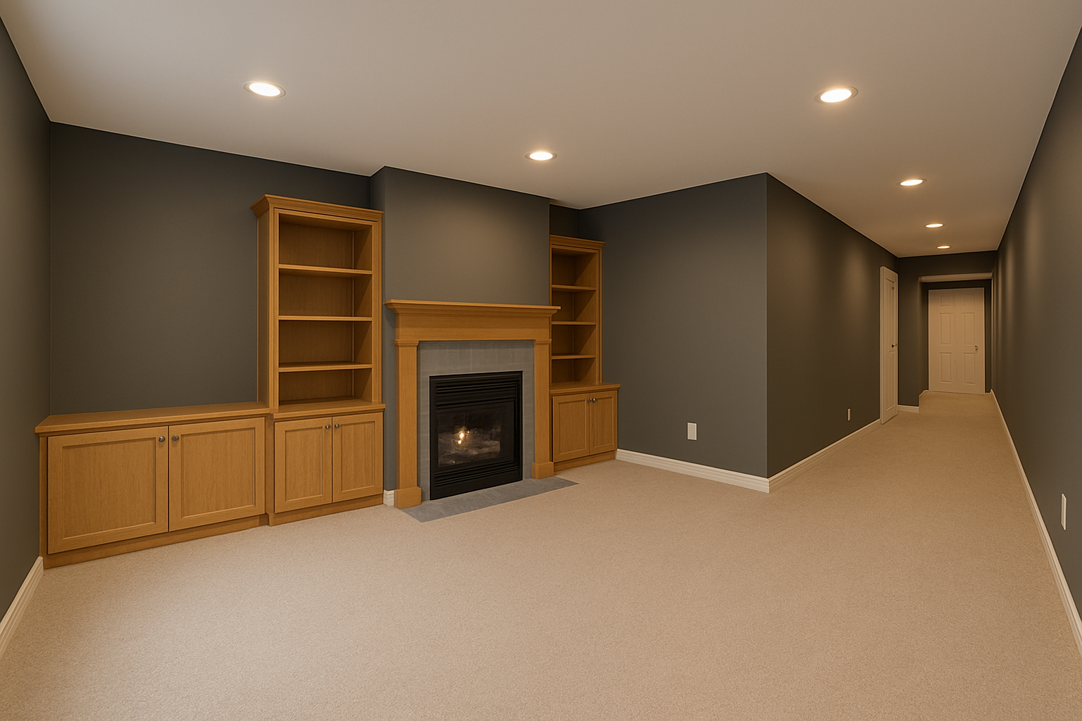 Basement finish with a modern living room featuring custom built-ins, fireplace, and updated lighting in Stansbury Park Utah