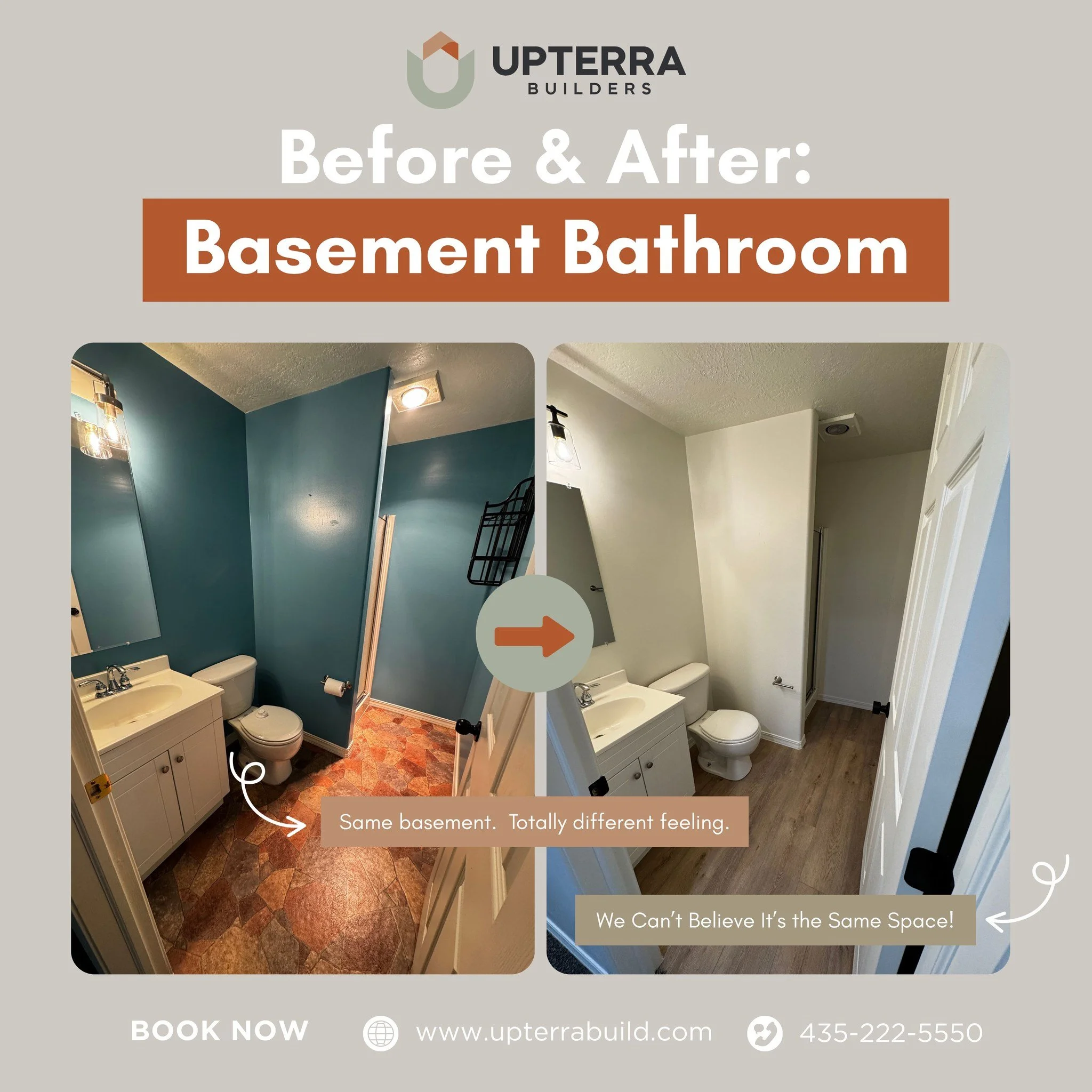 Side-by-side comparison of a basement bathroom before and after renovation, showing a change in wall color, flooring, and overall appearance.