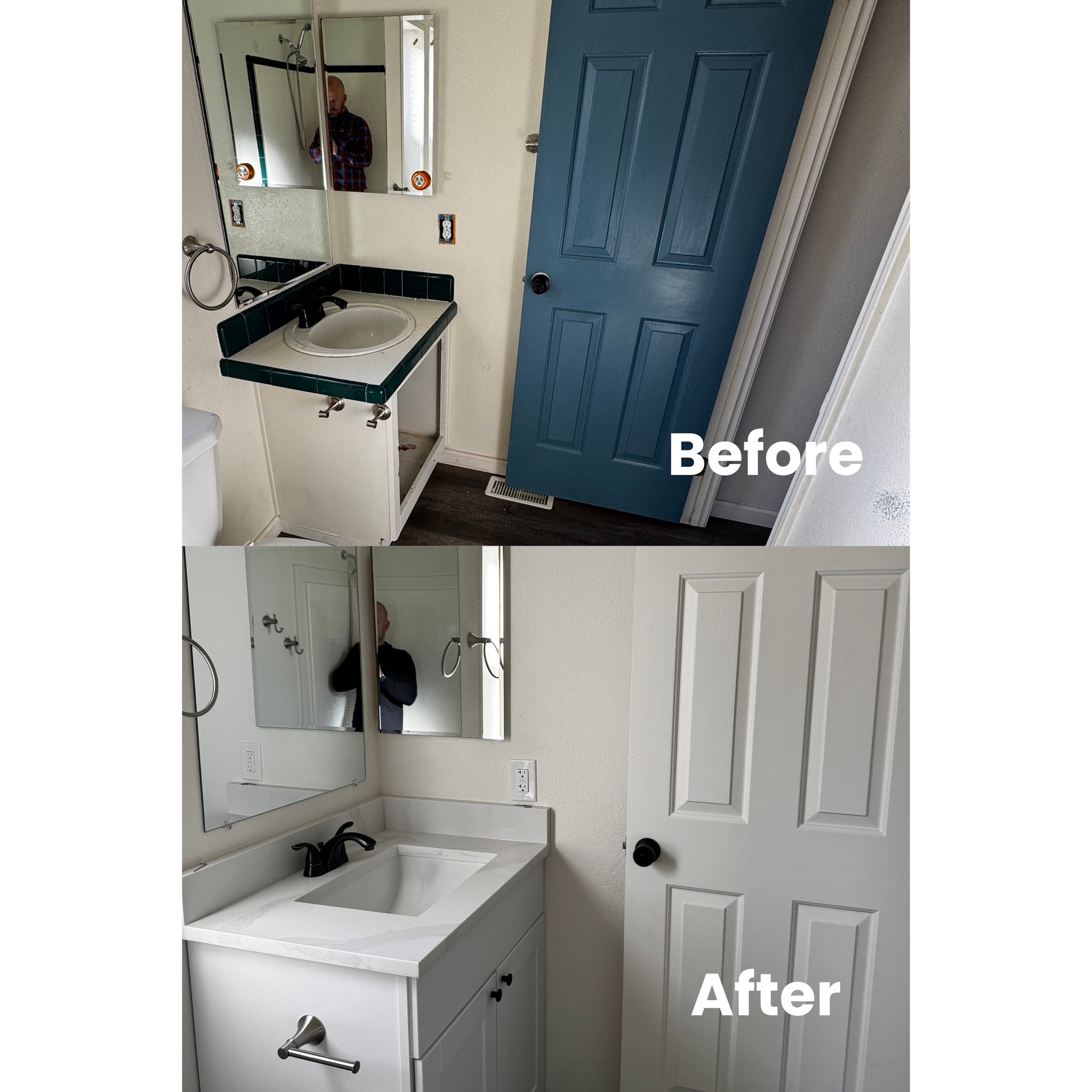 Comparison of a bathroom before and after renovation. The 'Before' image shows a dated vanity with dark green tiles, an old mirror, and a blue door, while the 'After' image features a modern white vanity with a sleek sink, minimalistic black fixtures, a clean mirror, and a white door.