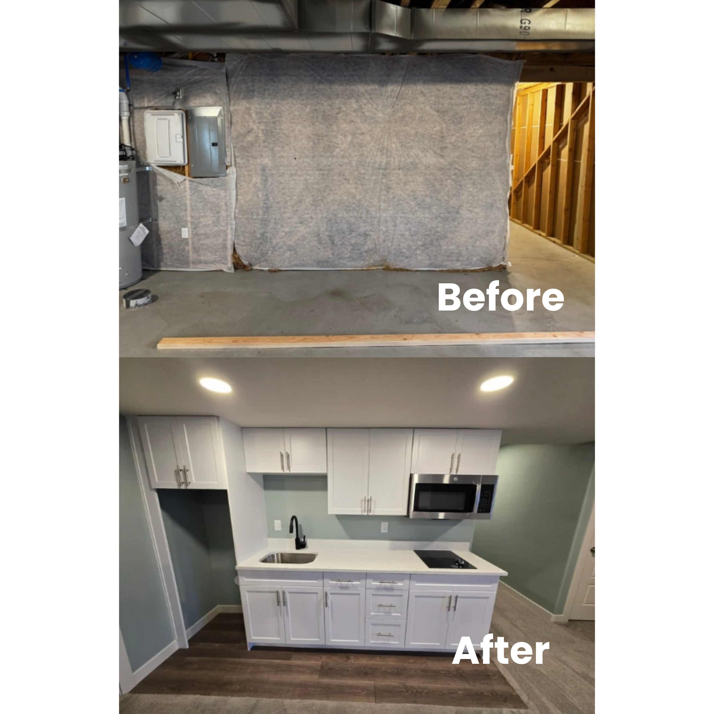 Side-by-side comparison of a garage before and after renovation into a kitchen. The top image shows an unfinished garage with exposed wooden framing, a concrete floor, and an electrical panel, labeled 'Before'. The bottom image shows a finished kitchen with white cabinets, a black sink, microwave, and sleek countertop, labeled 'After'.