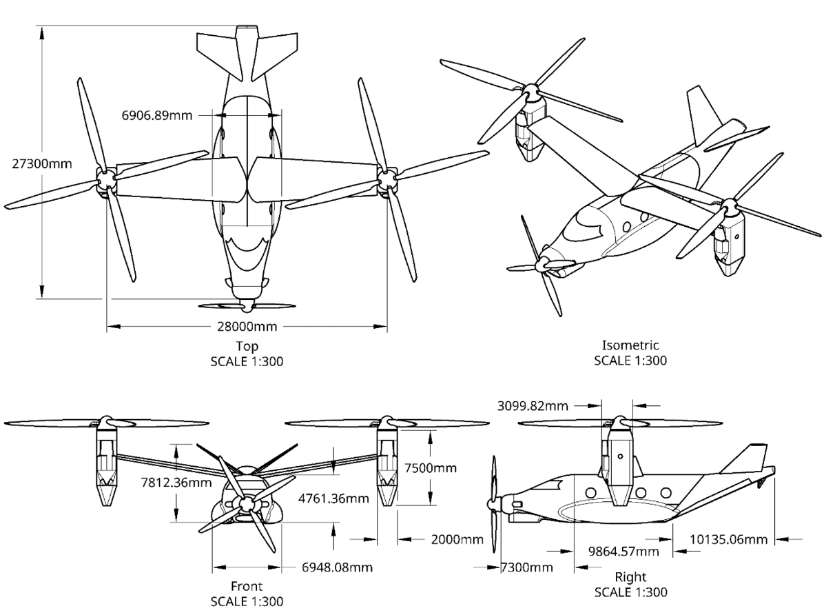 Technical blueprint drawing of a military tilt-rotor aircraft showing top, isometric, front, and right side views with dimensions in millimeters.