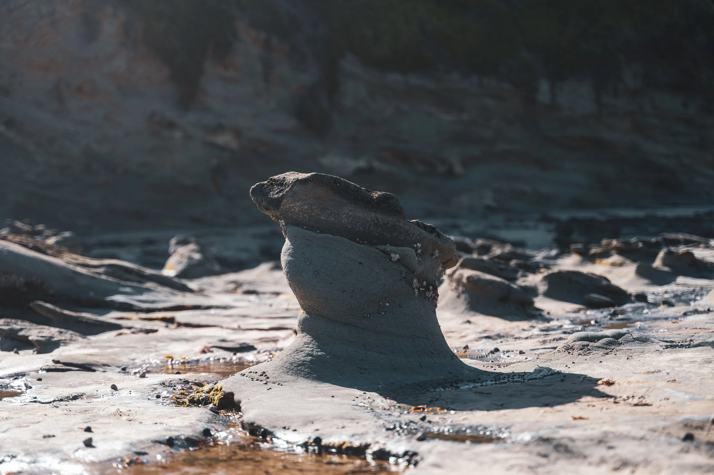 A weathered rock formation rising from a rocky, sandy shoreline with cliffs in the background.