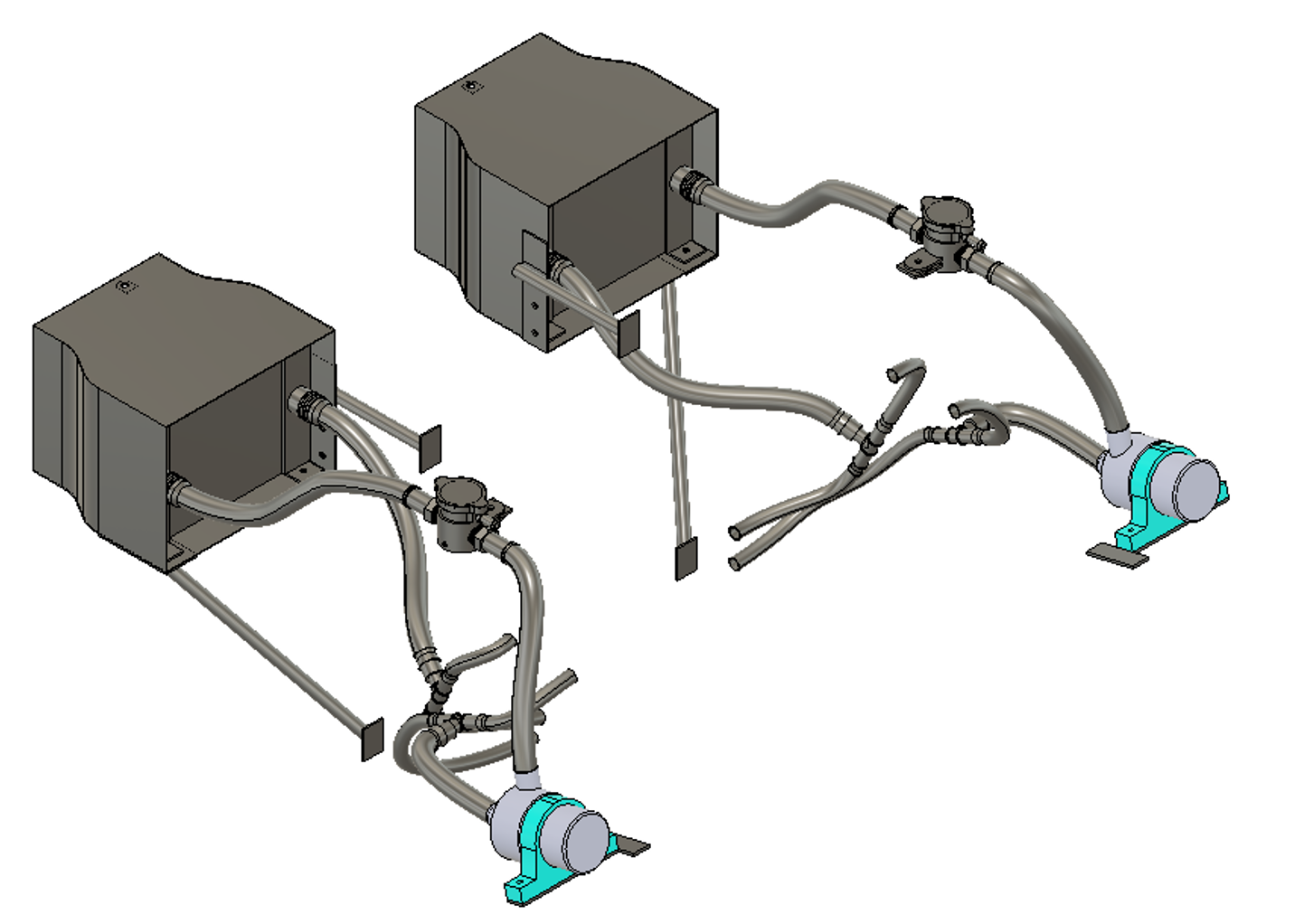 Diagram of a dual-pond water circulation system with two pumps, connecting pipes, valves, and controls.